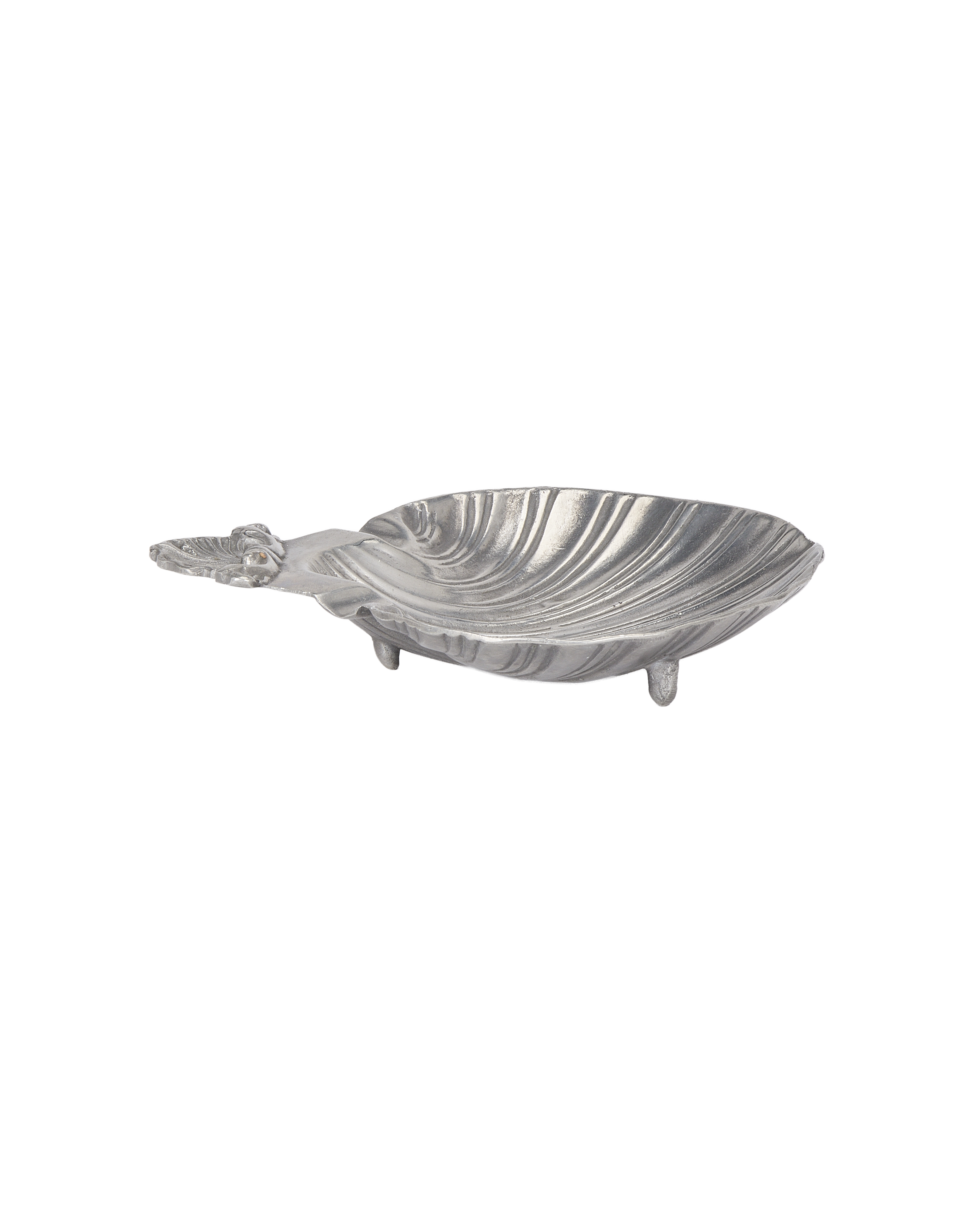 Vintage French shell vide poche. This side view highlights its textured silver finish and footed base.