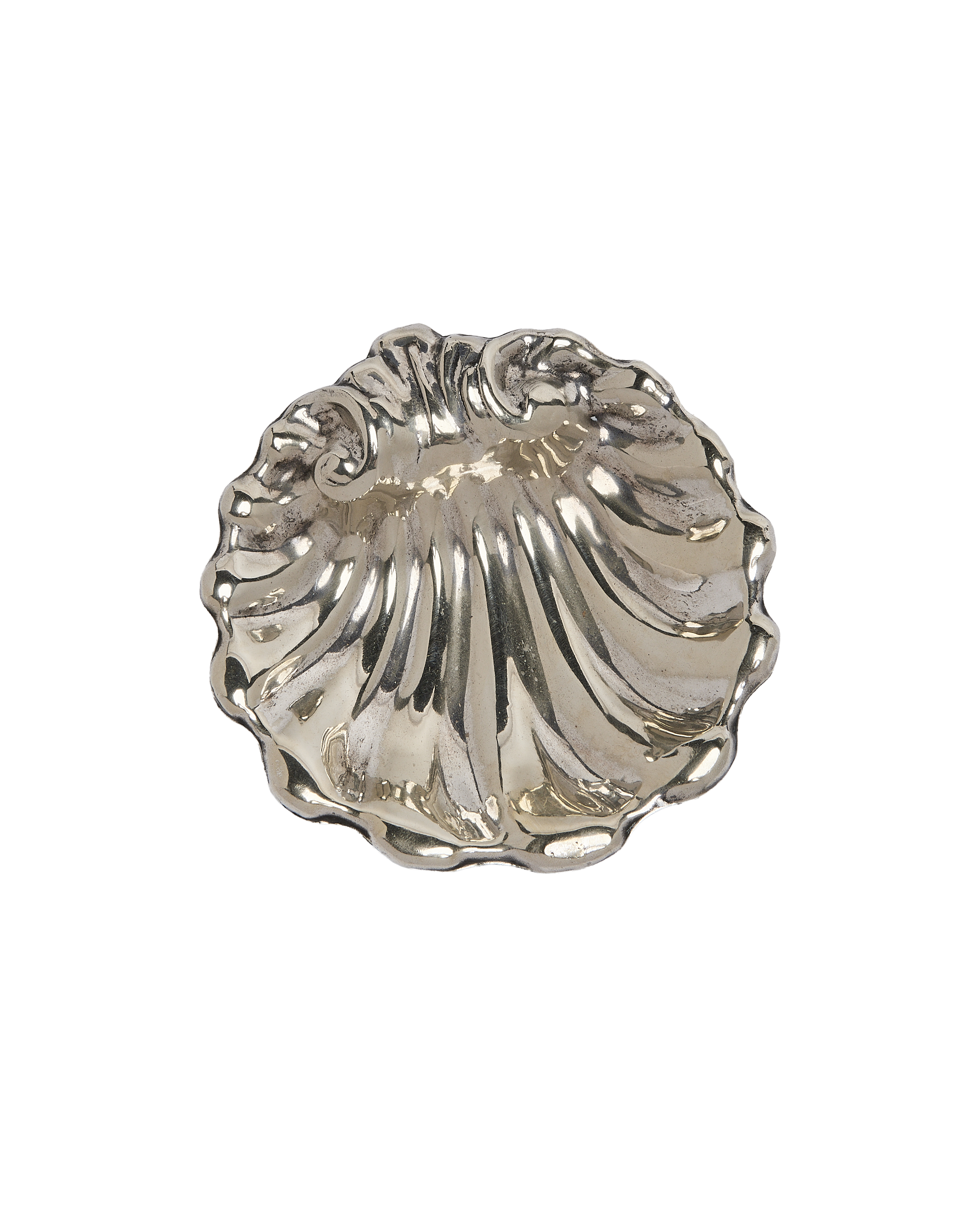 Vintage French silver plated vide poche tray, ornate shell-like fluted design.