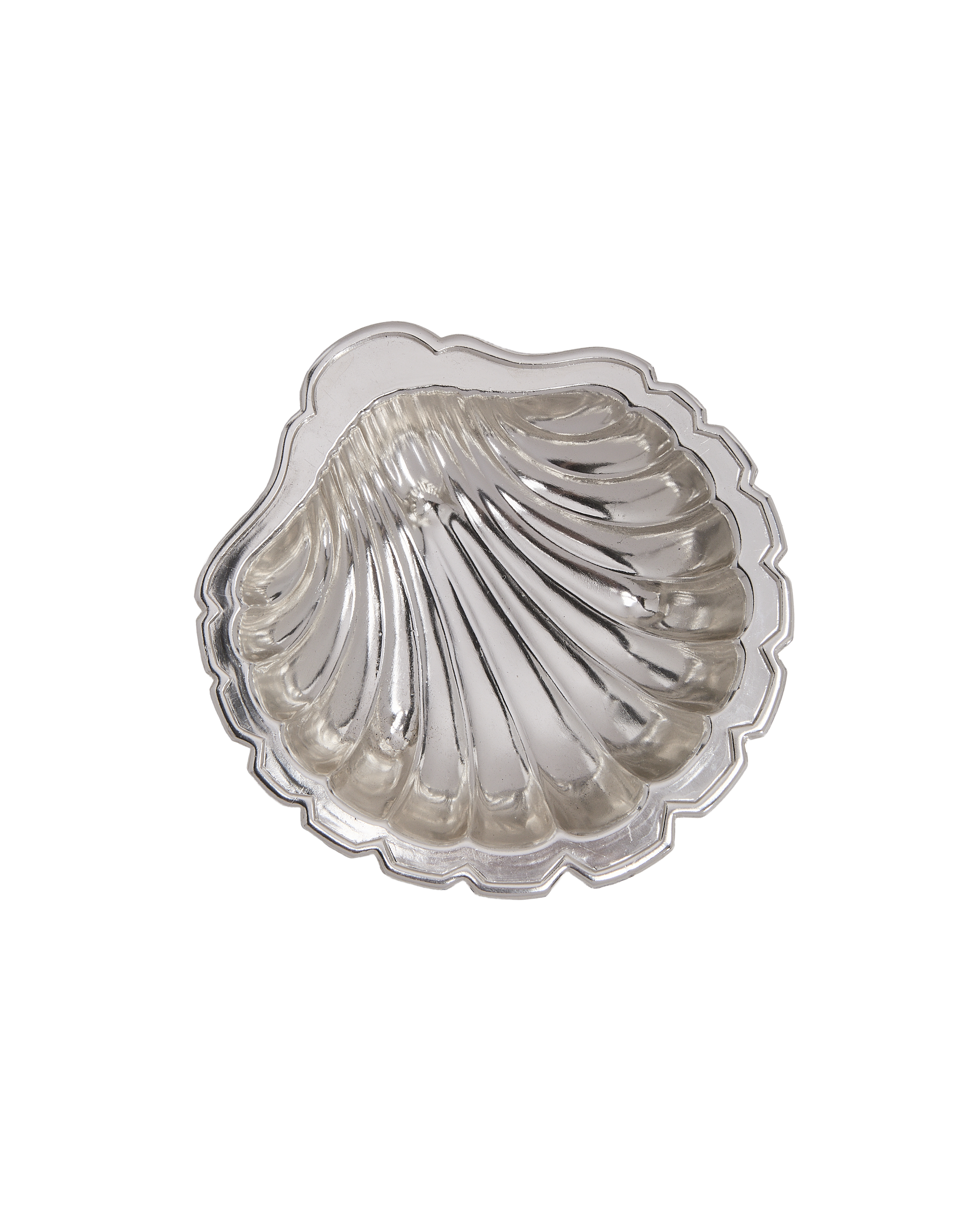 Vintage French silver steel shell cup with detailed scalloped edge from above.
