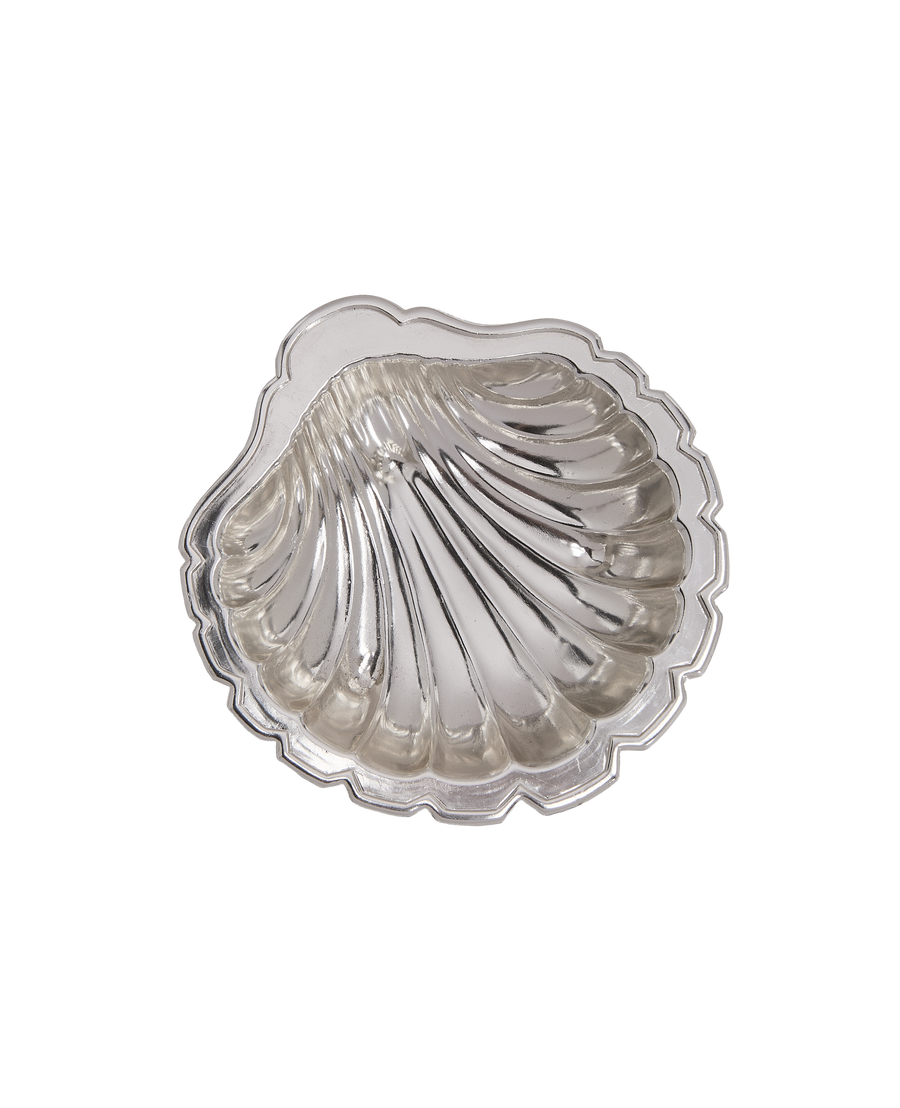 Vintage French silver steel shell cup with detailed scalloped edge from above.