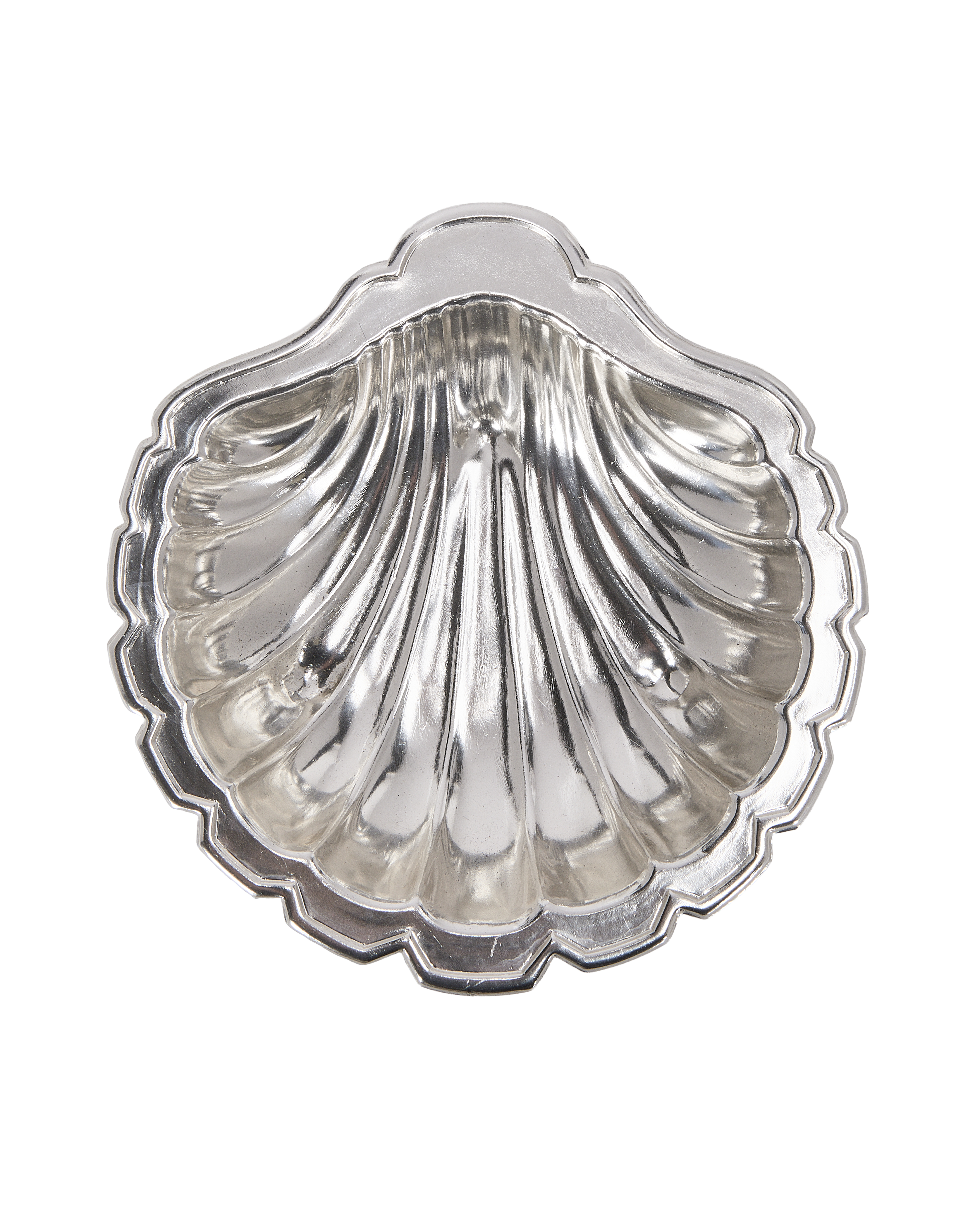 Vintage French individual steel shell cup, top-down view showing hammered metallic texture.
