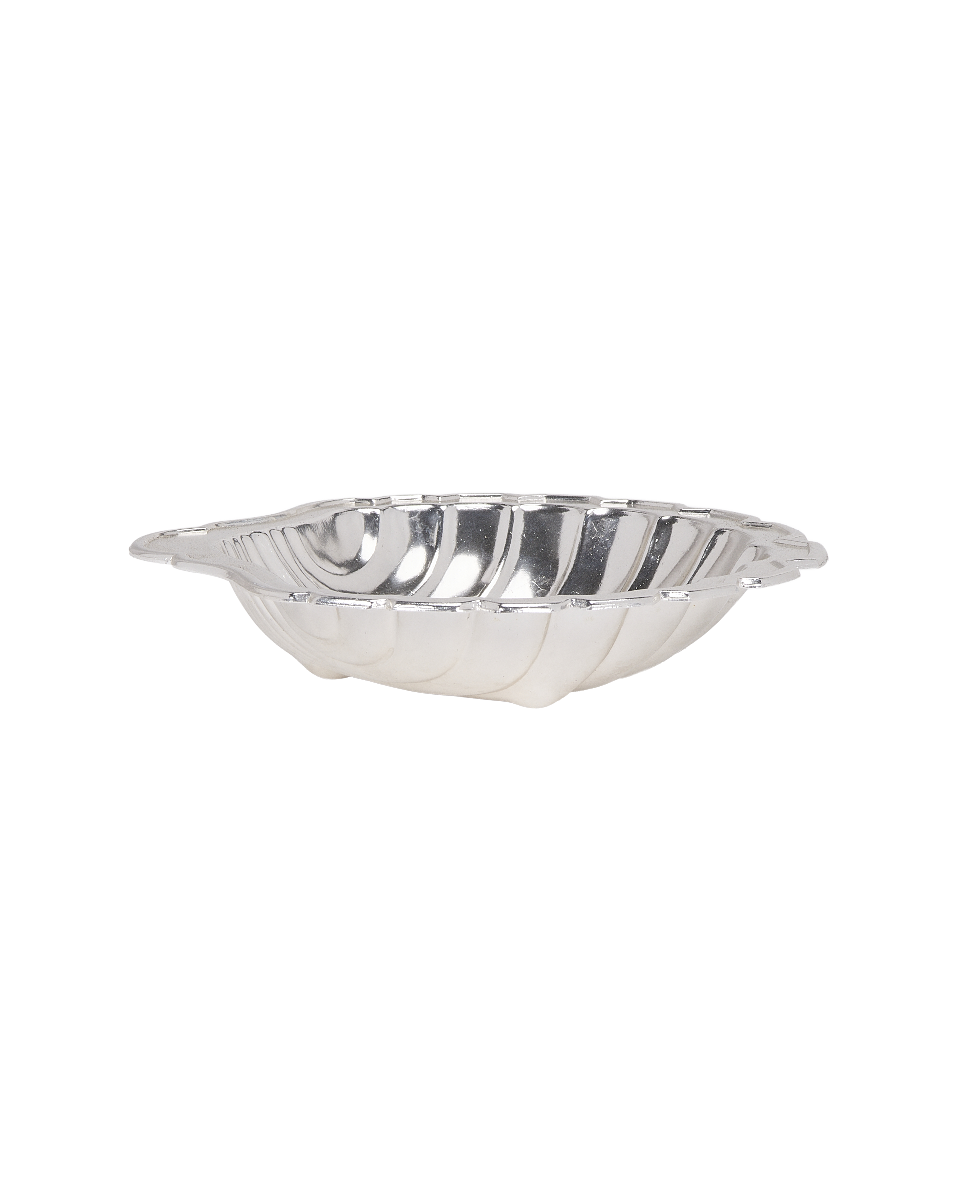 Vintage French steel shell cup, detailed side profile highlights fluted exterior design.