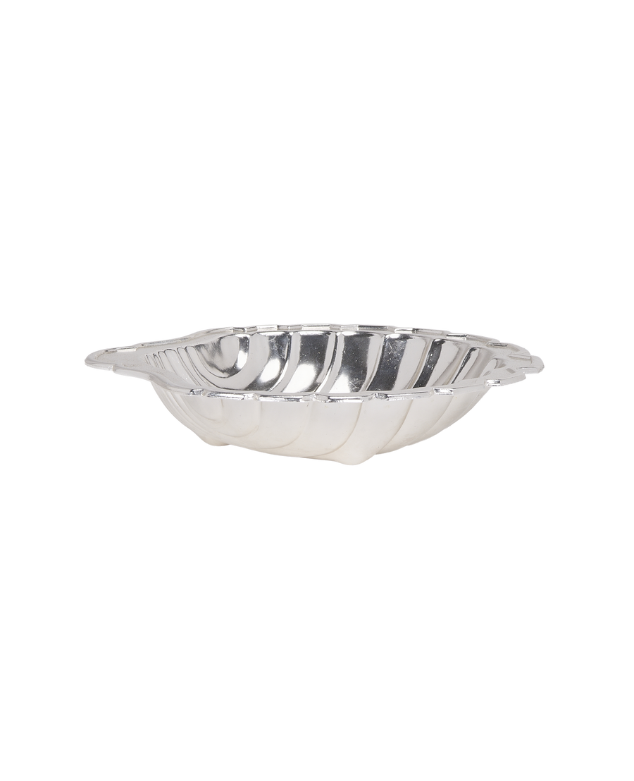 Vintage French steel shell cup, detailed side profile highlights fluted exterior design.