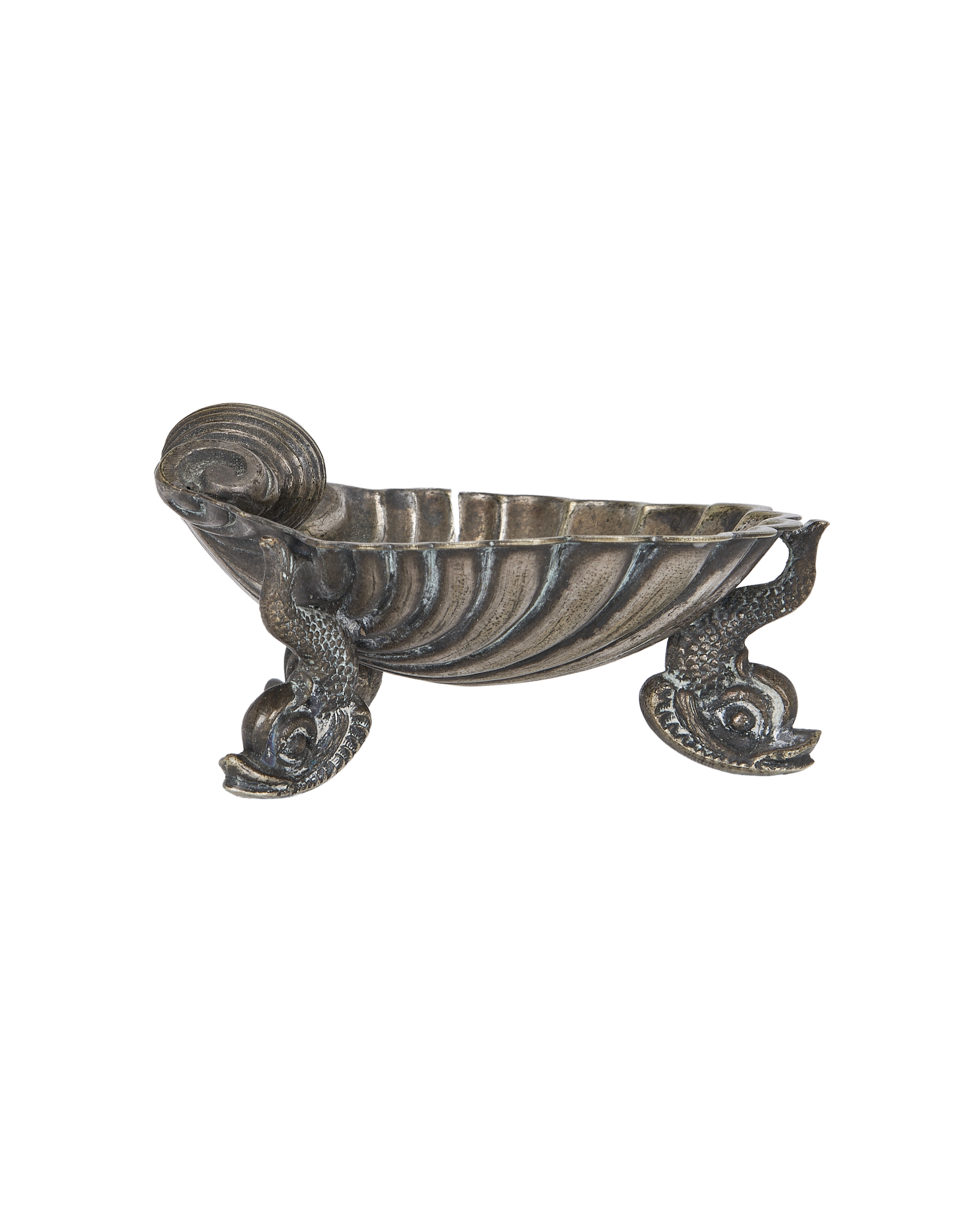 Vintage silver-tone shell ashtray with scrolled end and unique dolphin feet design from France.