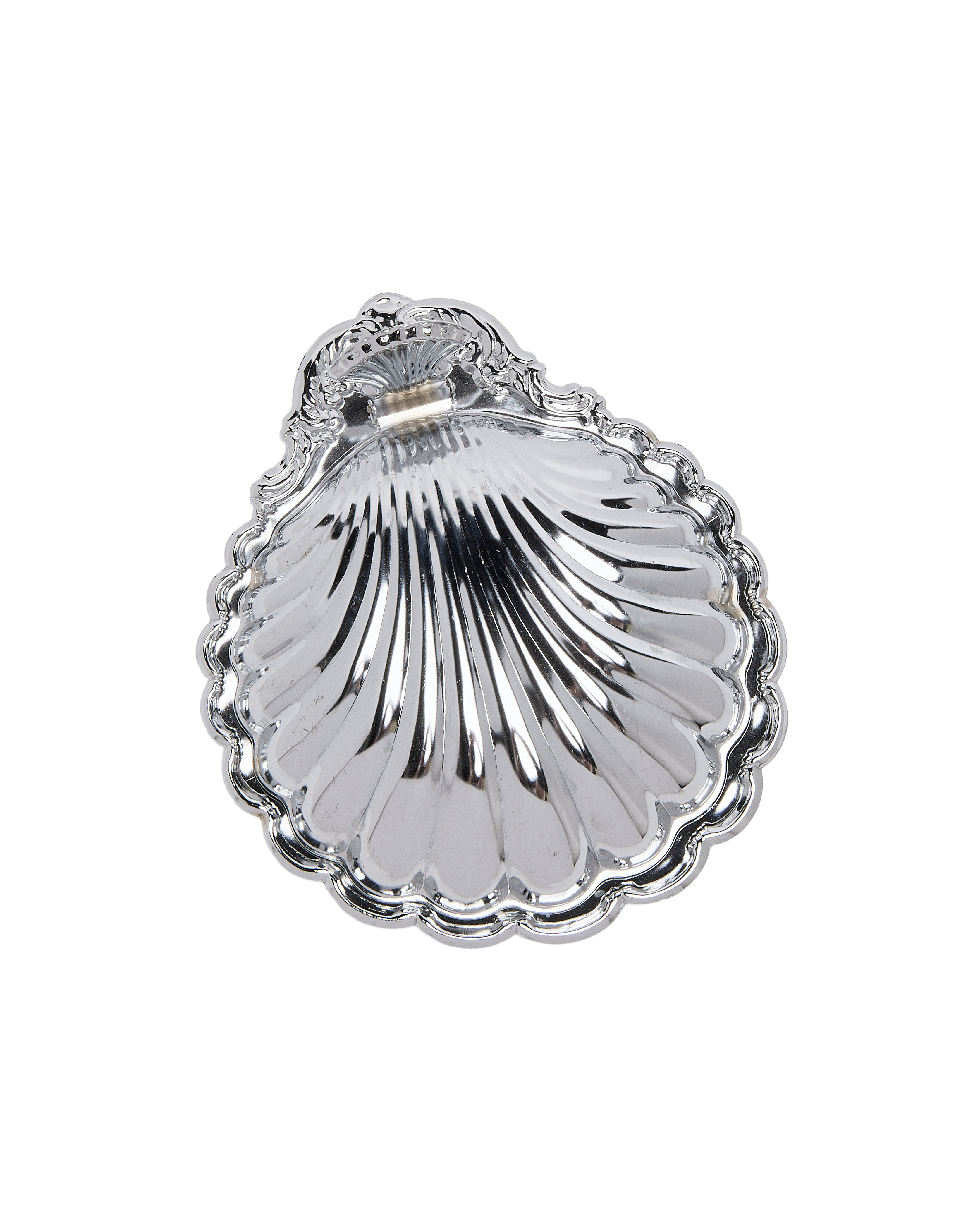 Vintage French butter dish, polished steel, seashell motif, scrolled edges, shiny and good condition.