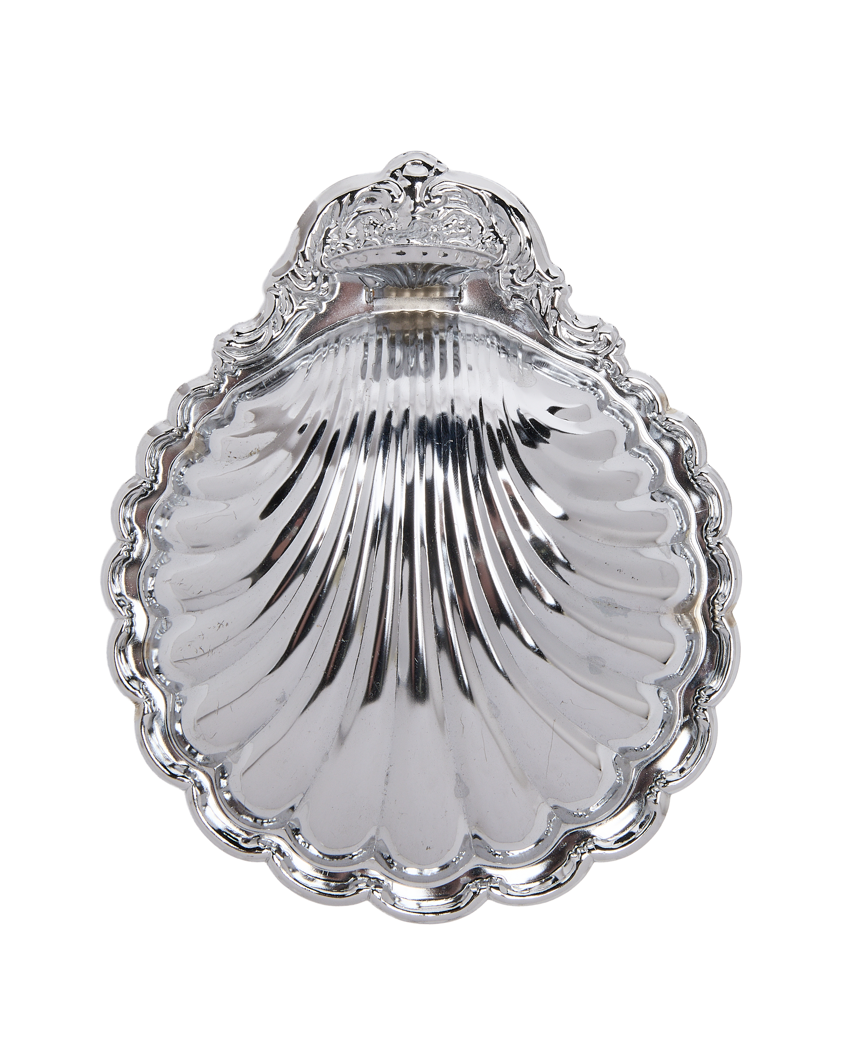 Vintage French steel butter dish, view highlighting the ornate upper scrollwork and ruffled edge.