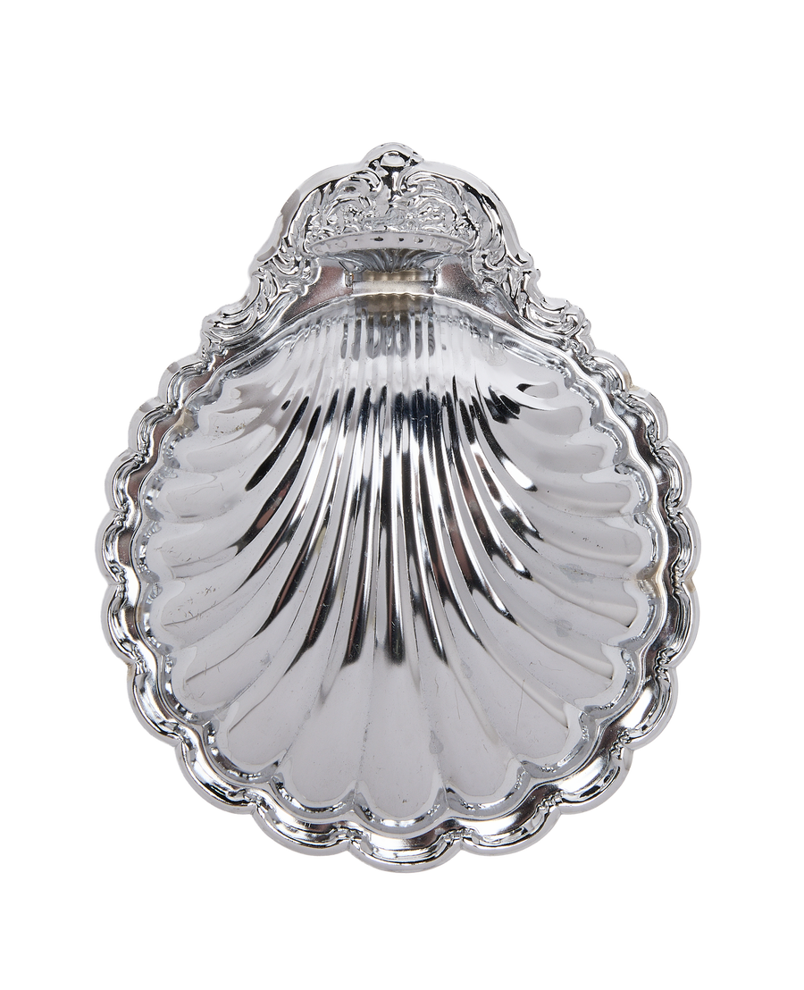 Vintage French steel butter dish, view highlighting the ornate upper scrollwork and ruffled edge.