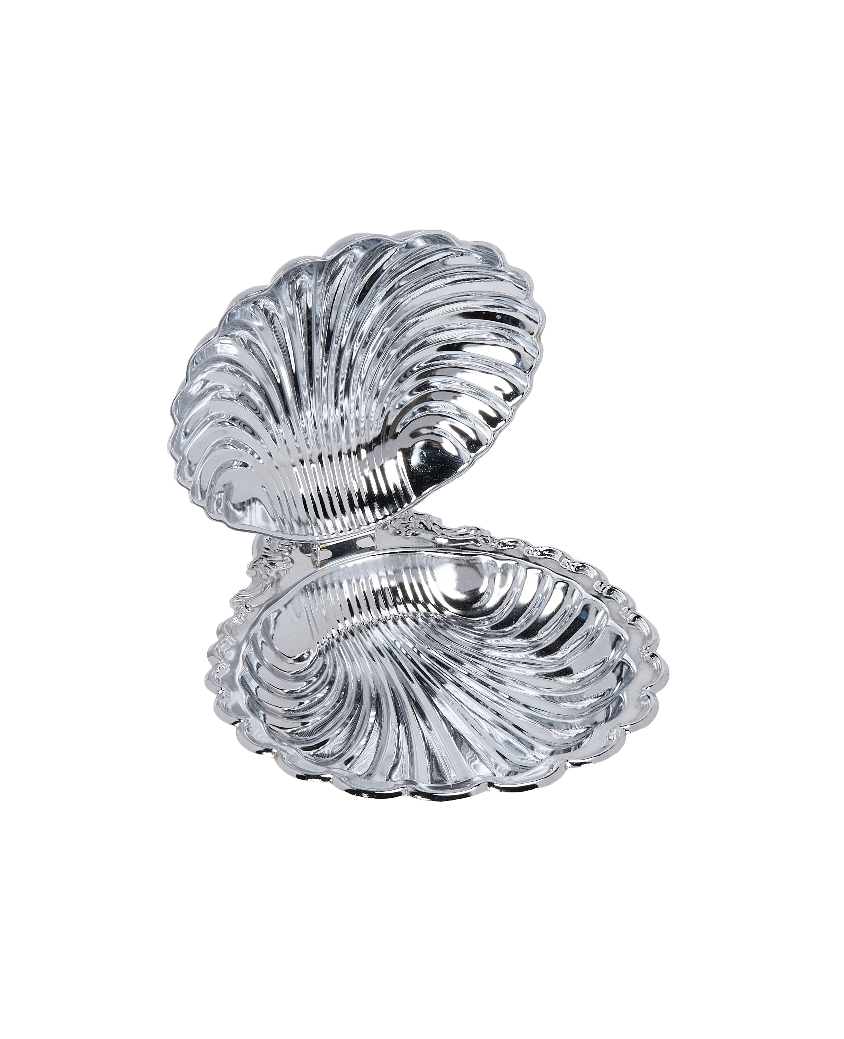 Vintage French steel butter dish, seashell design, with lid raised, showing interior.