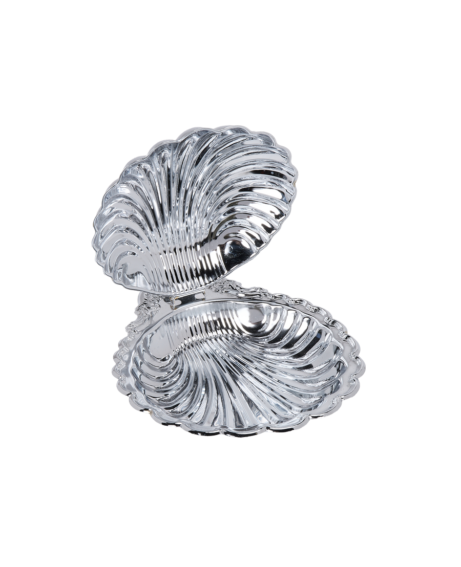 Vintage French steel butter dish, seashell design, with lid raised, showing interior.