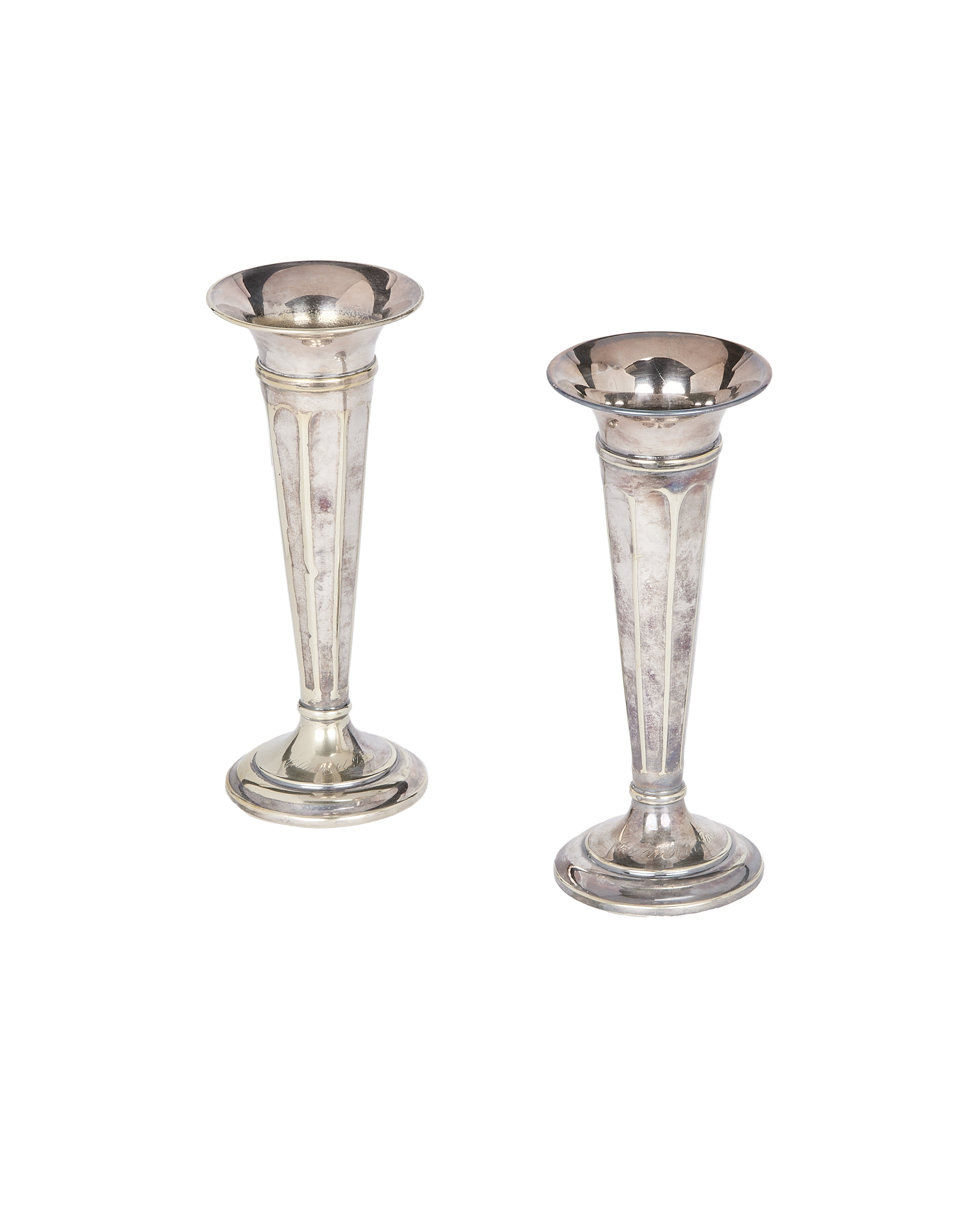 Vintage silver-plated bud vase set, showing both ribbed French vases.