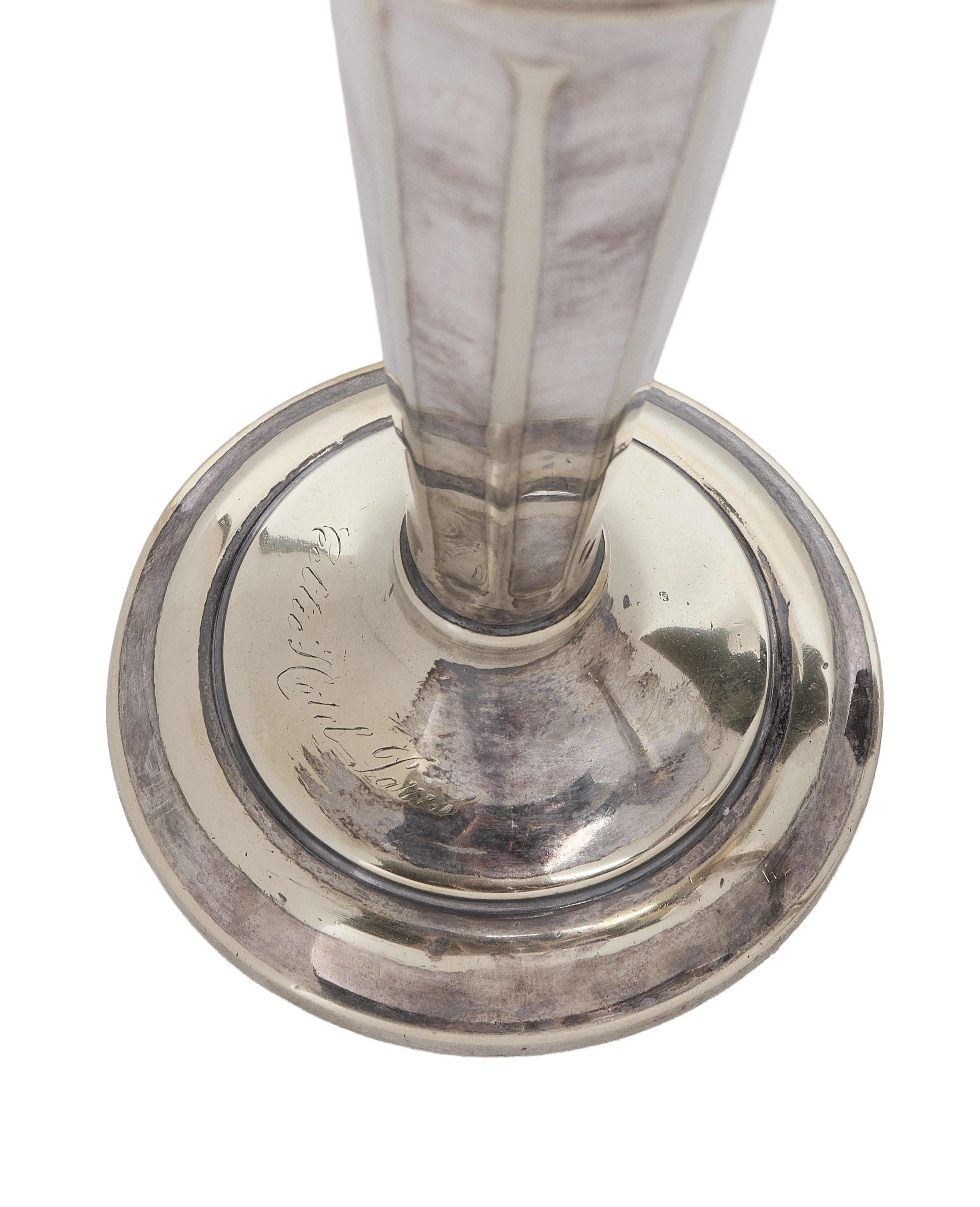 Vintage French silver-plated bud vase base, showing etched details and lovely patina.