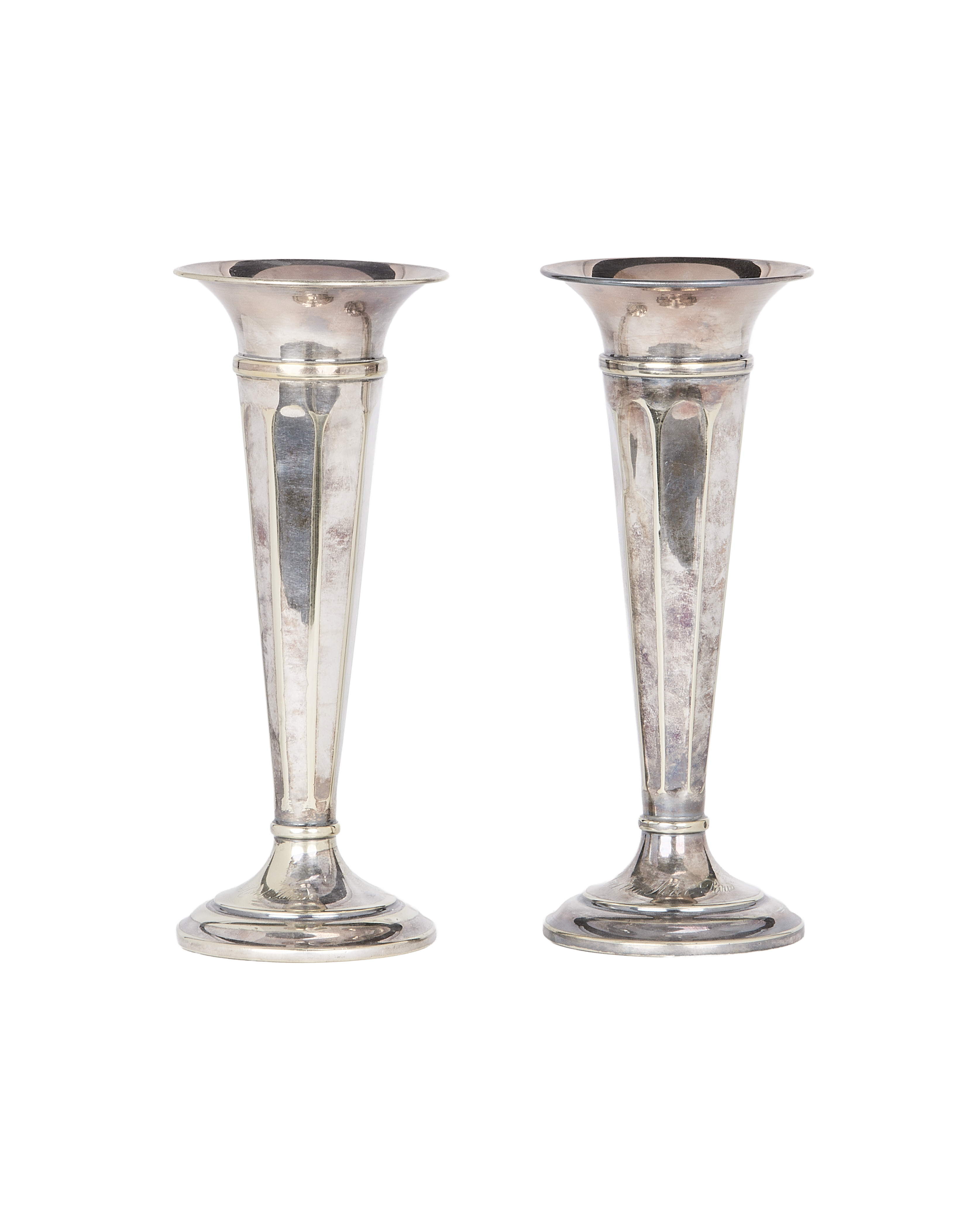 Vintage French OAK silver-plated bud vase pair, aged patina, full view from front.
