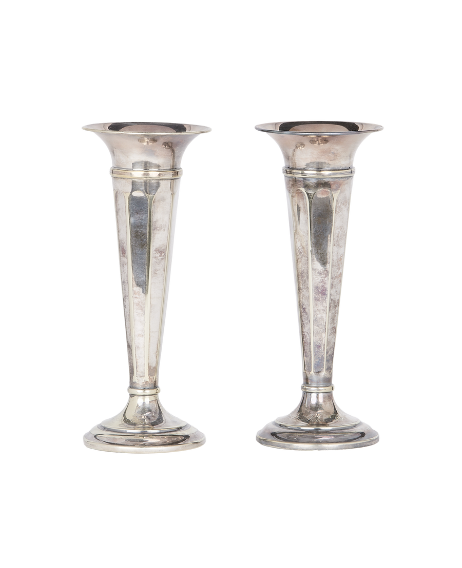 Vintage French OAK silver-plated bud vase pair, aged patina, full view from front.