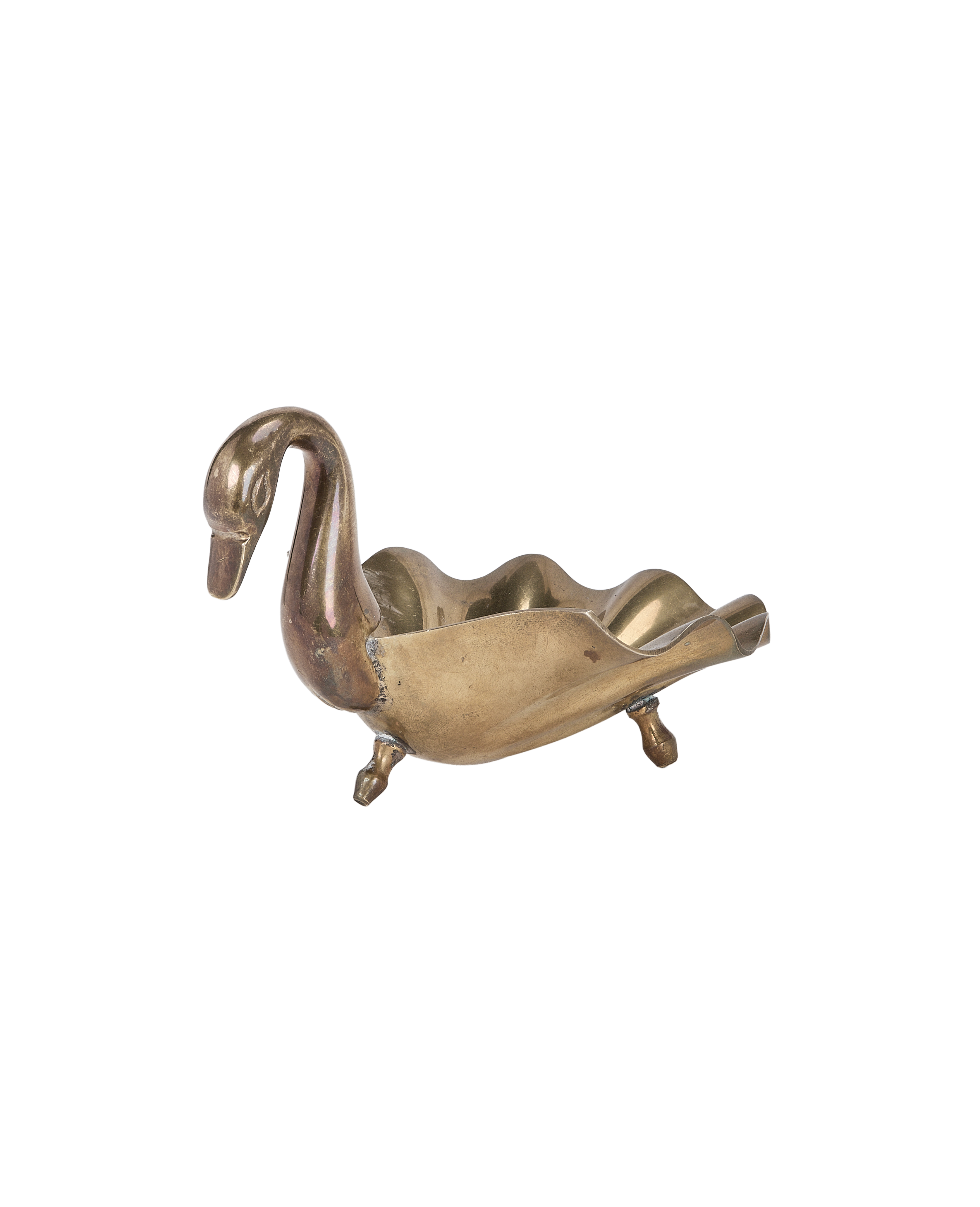 Vintage brass swan vide poche with aged patina, elegant fluted dish, and small feet.