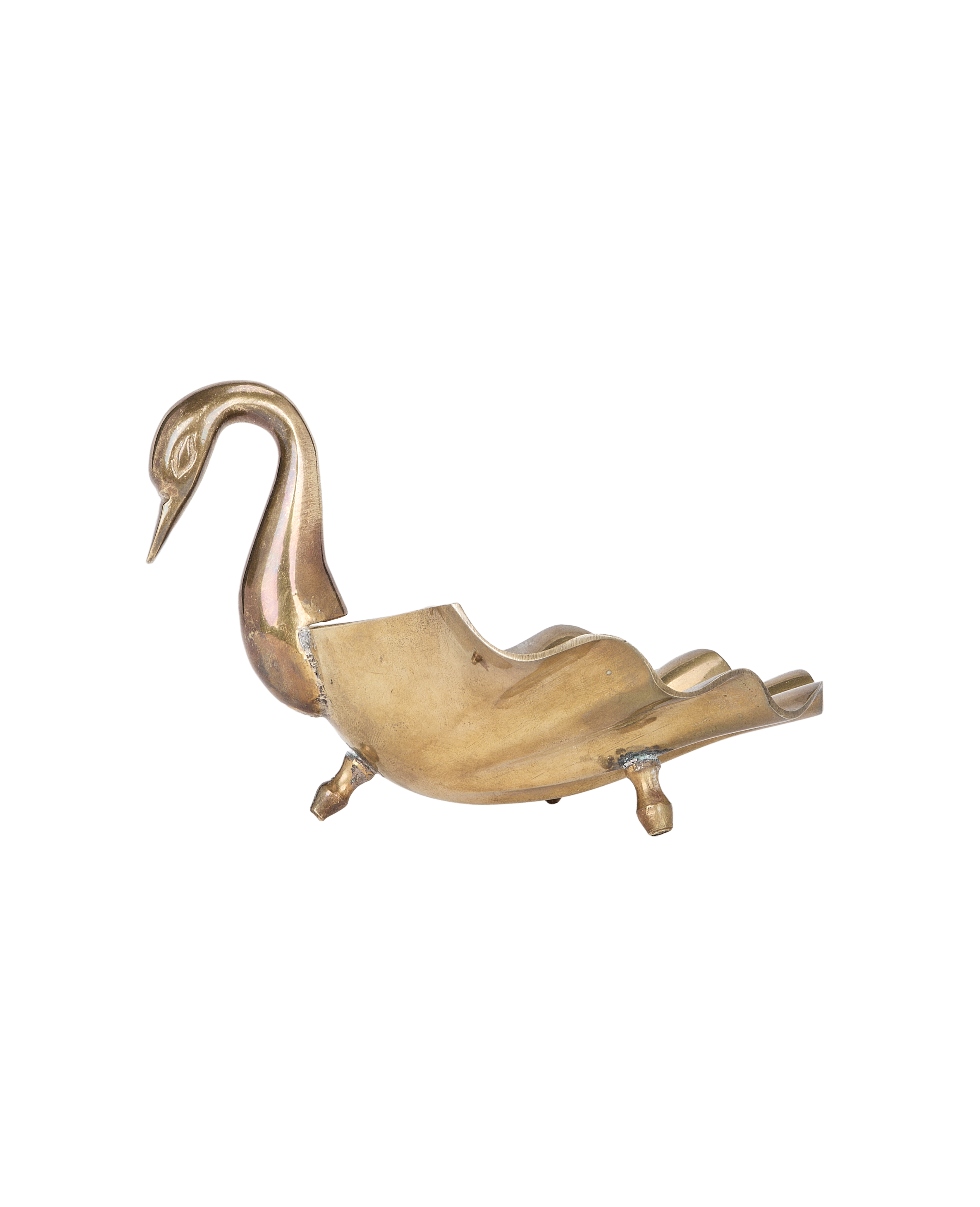 Vintage French brass swan vide poche, elegant side angle view, well-preserved condition.