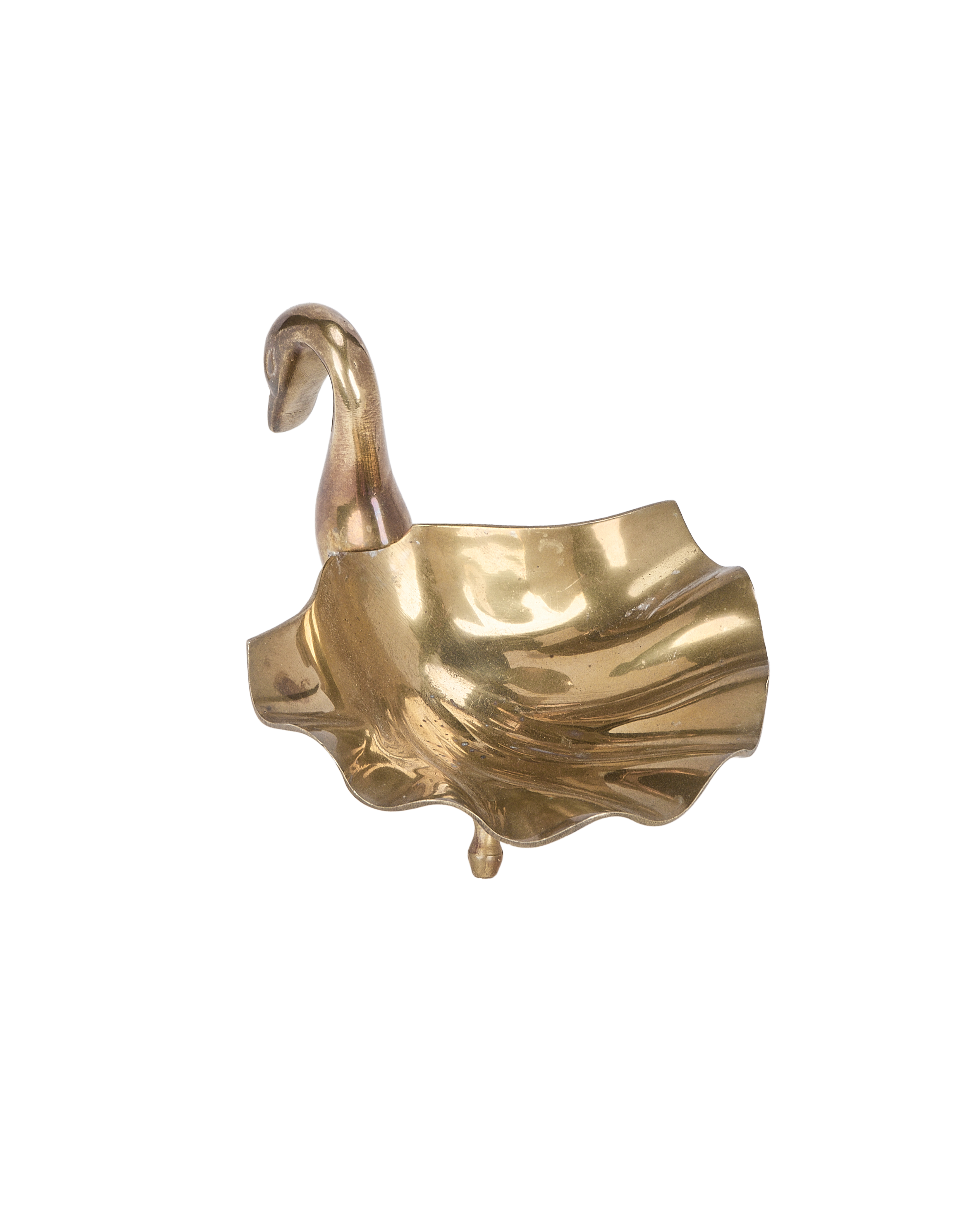 Vintage French brass swan vide poche, elegant side view of the shallow trinket dish.