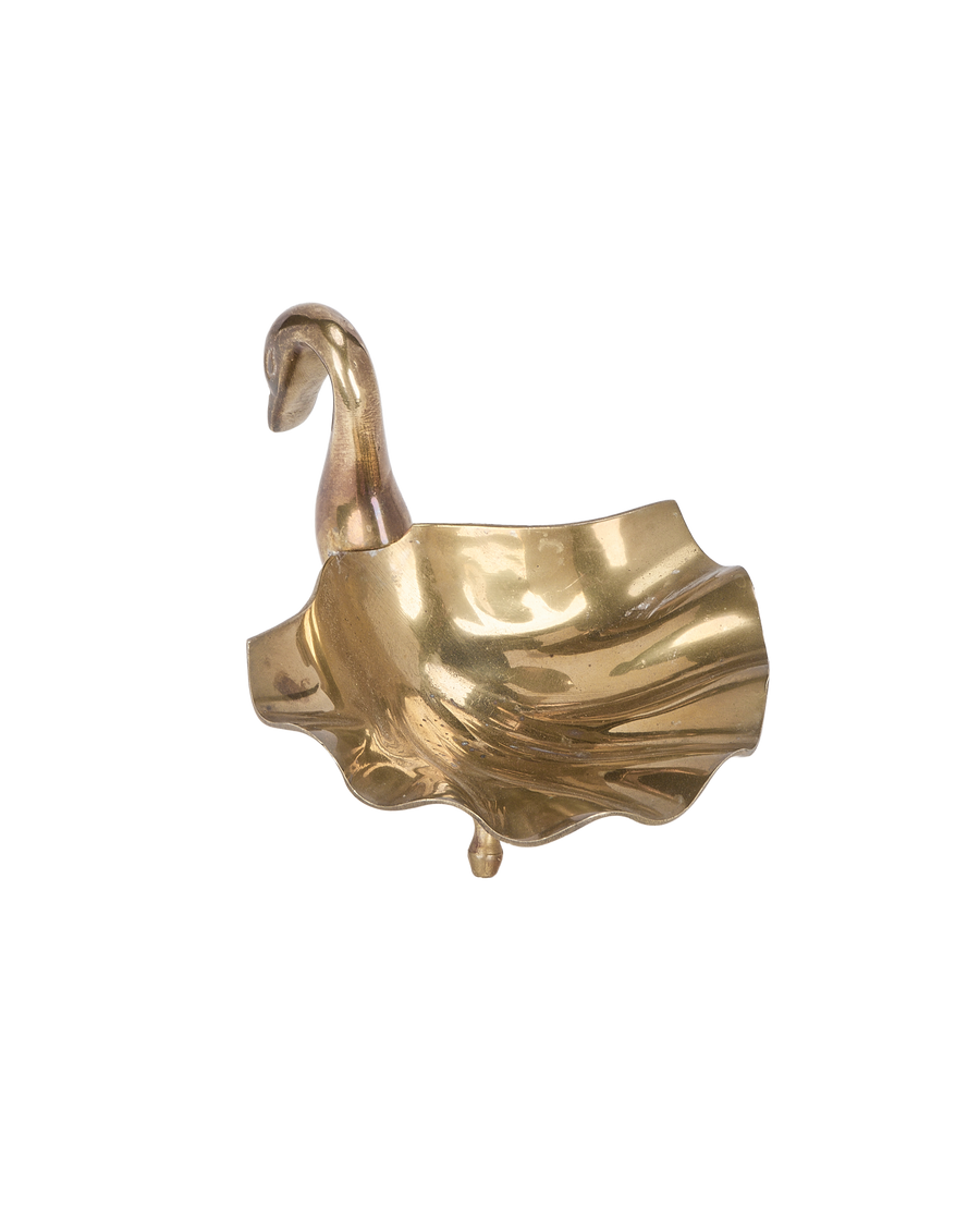 Vintage French brass swan vide poche, elegant side view of the shallow trinket dish.