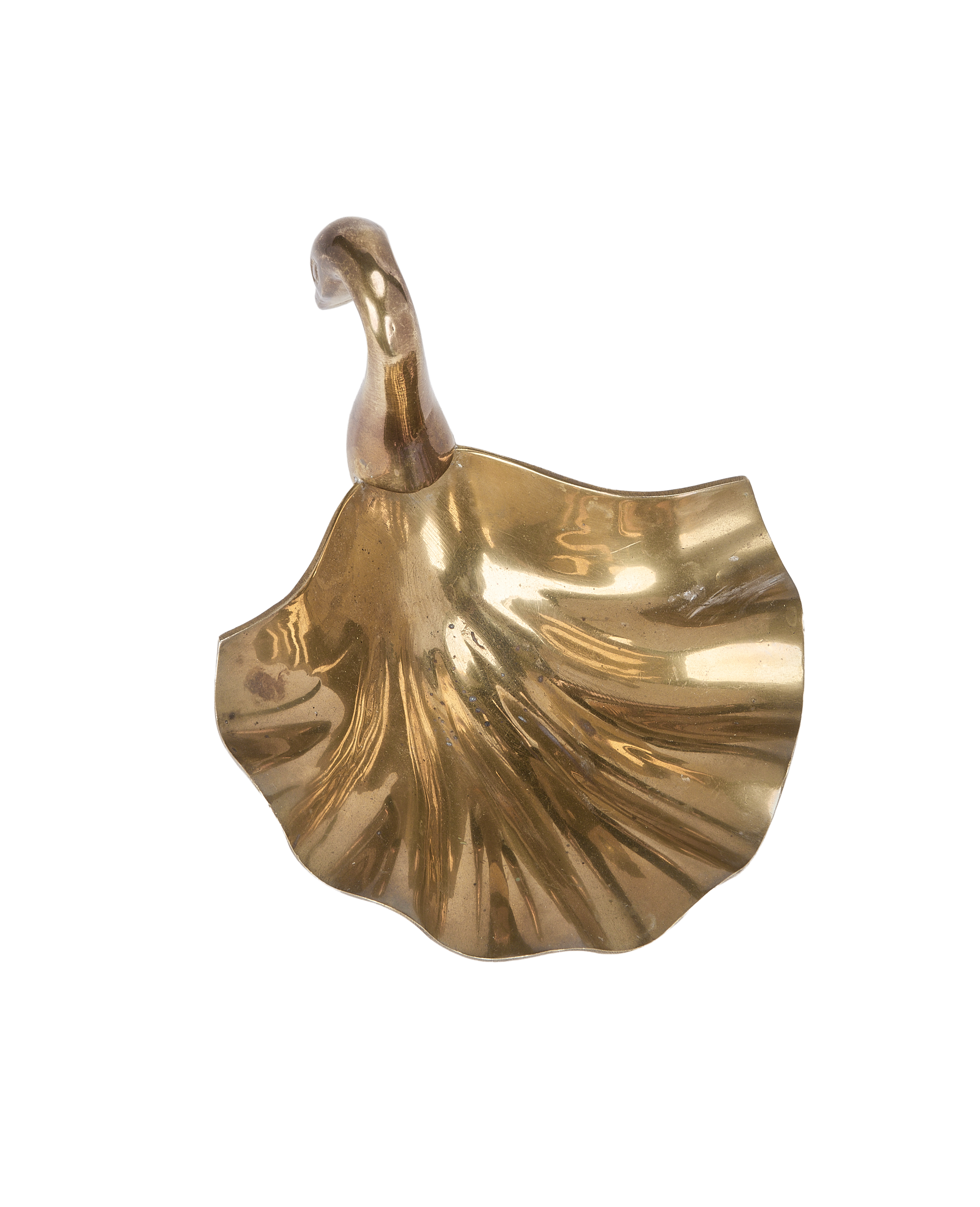 Vintage French brass swan vide poche, upper right view, showing graceful curve of body.