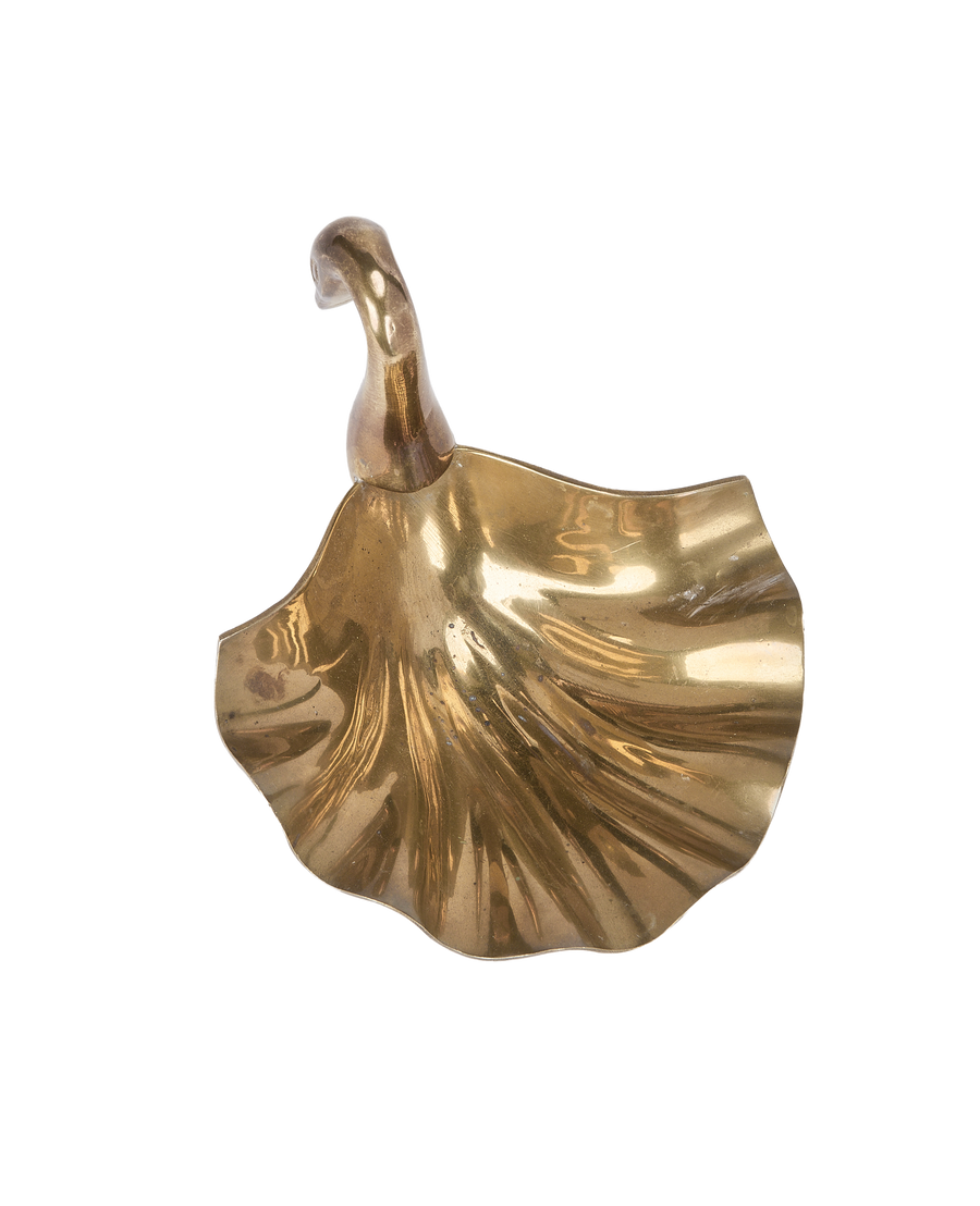 Vintage French brass swan vide poche, upper right view, showing graceful curve of body.