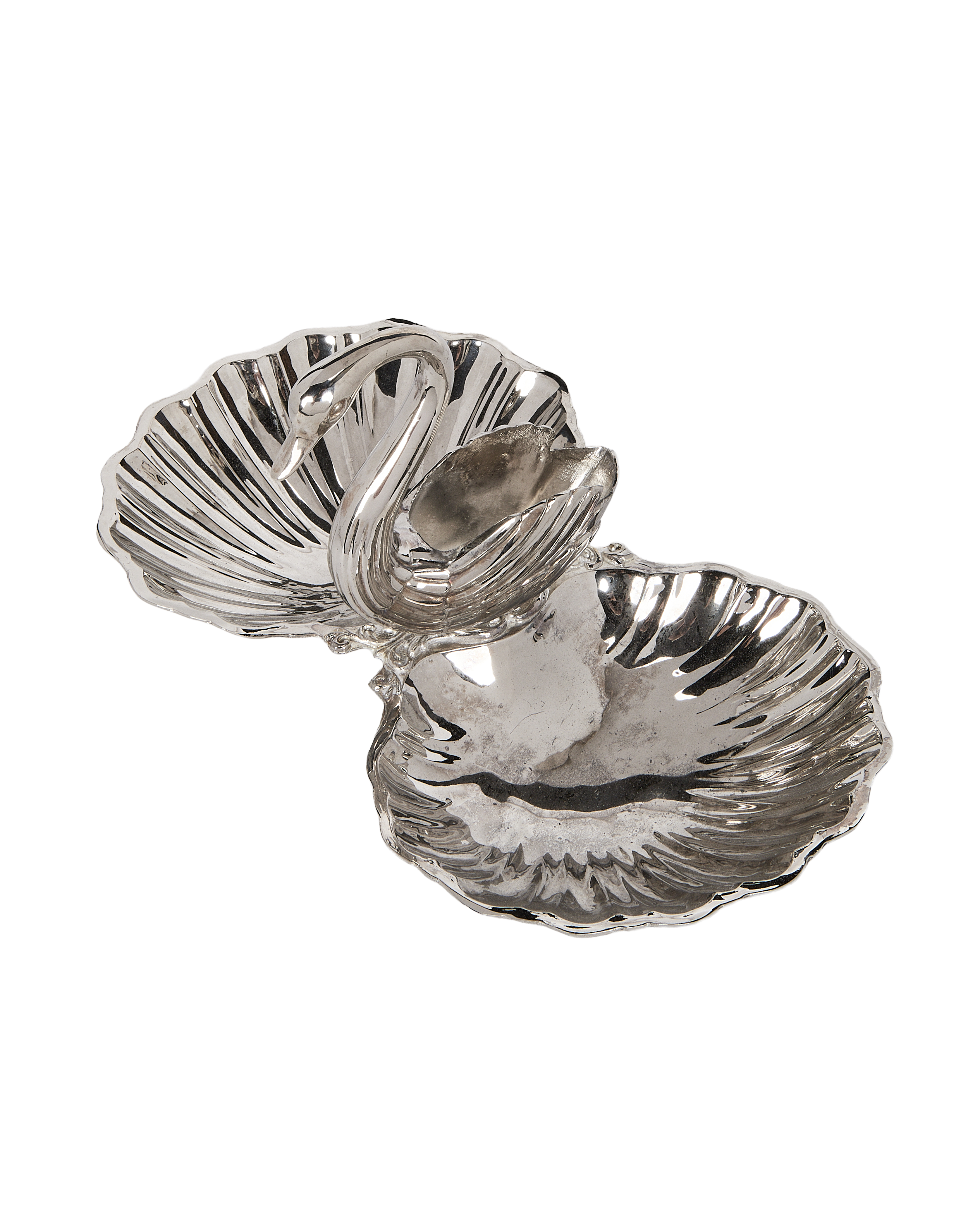 Silver vintage vide poche, angled top view, showing swan neck and textured shell bowls.