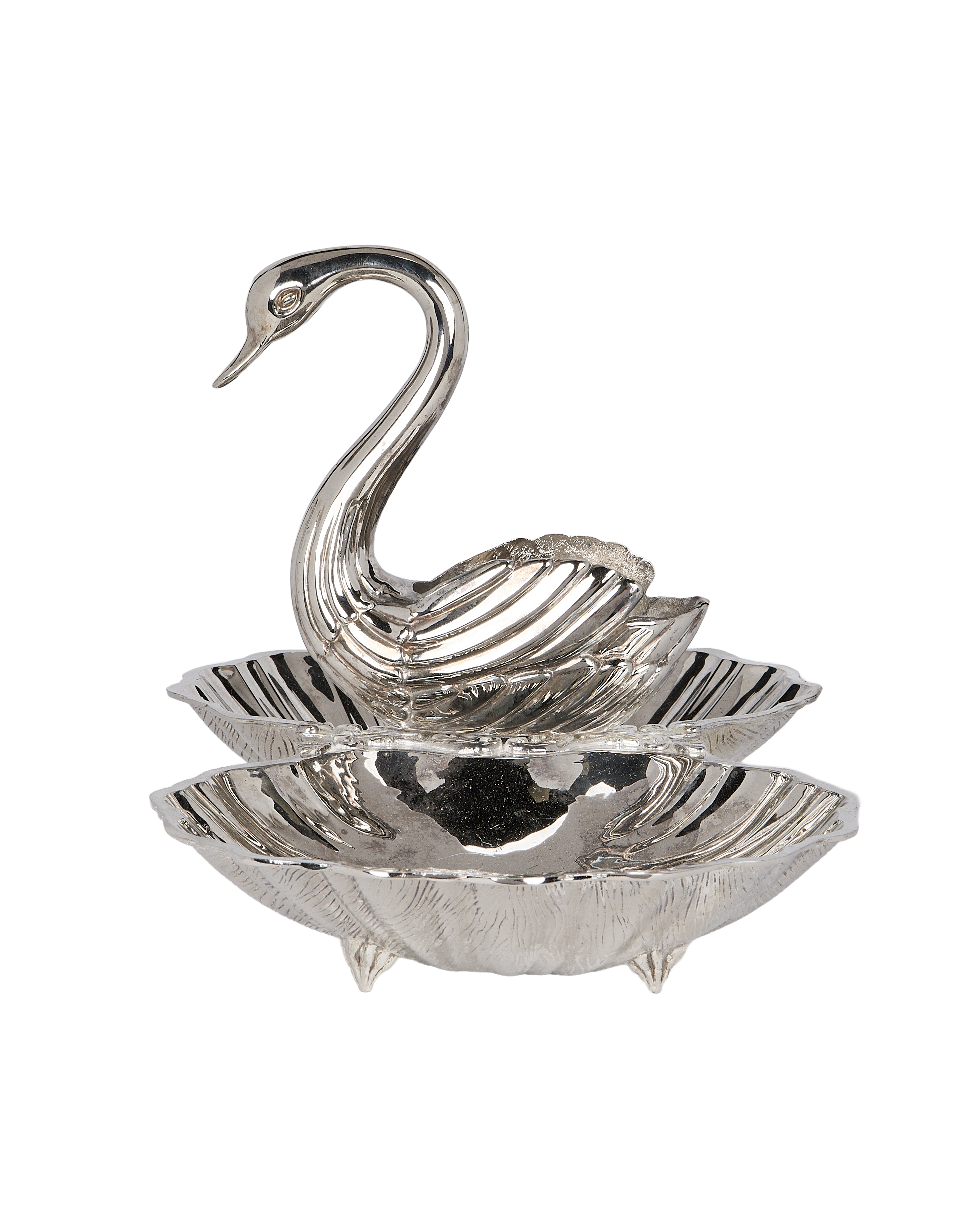 Vintage French vide poche featuring a swan rising from tiered, footed shell dishes.