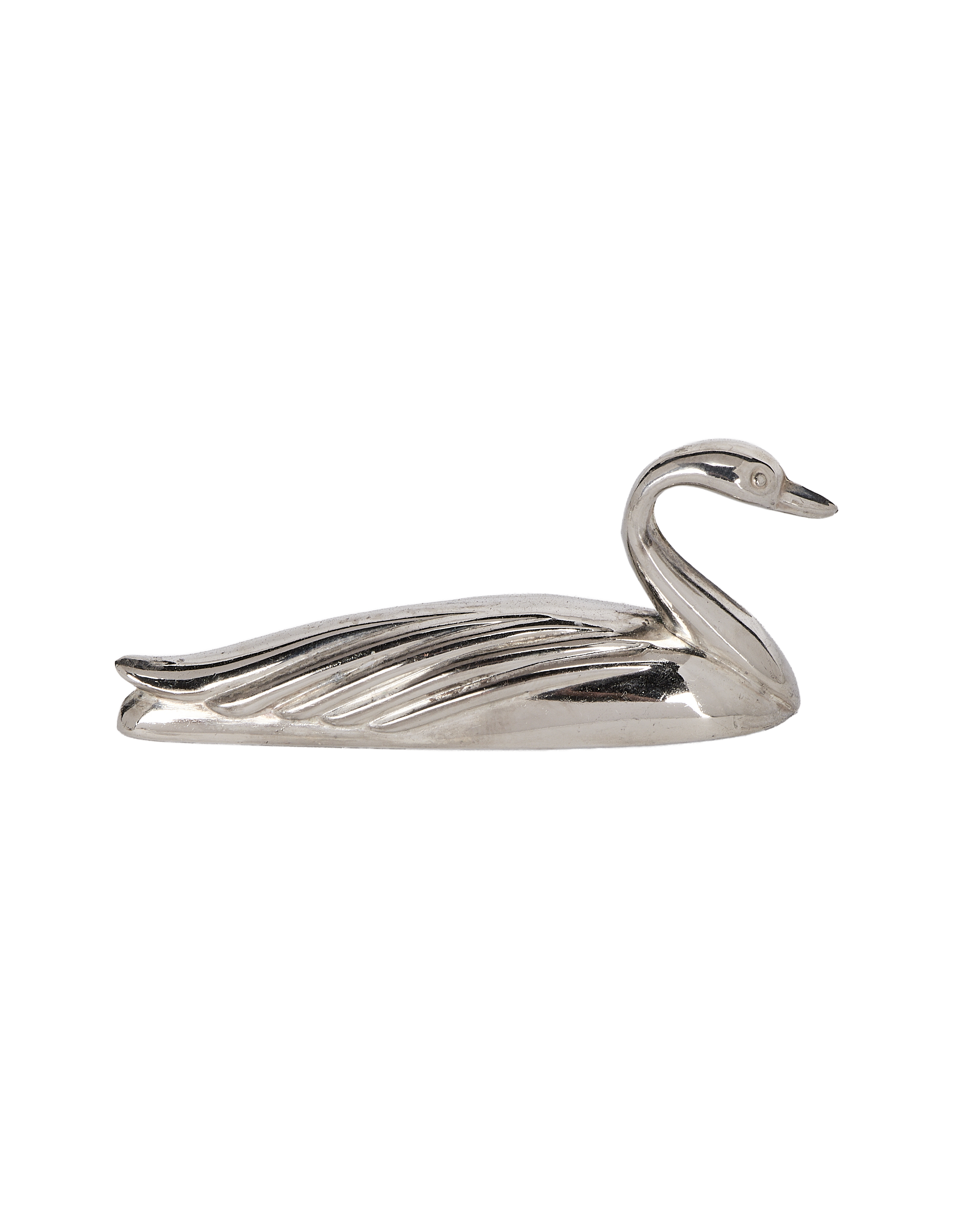 Close-up: Vintage French swan knife rest in shiny silver-plate, showing head and wing detail.