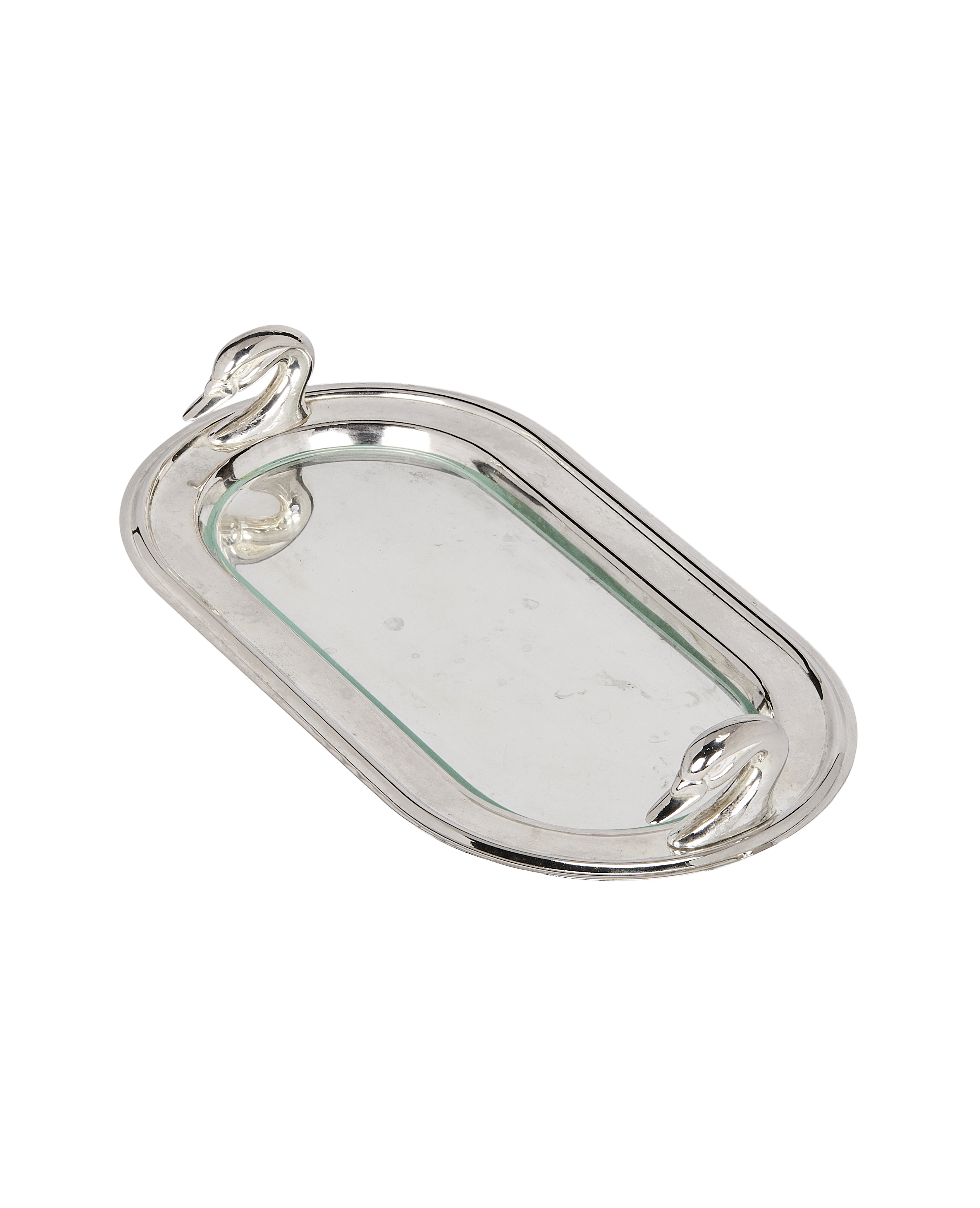 Vintage French silver swan dish, oval mirror base, elegant art nouveau design.