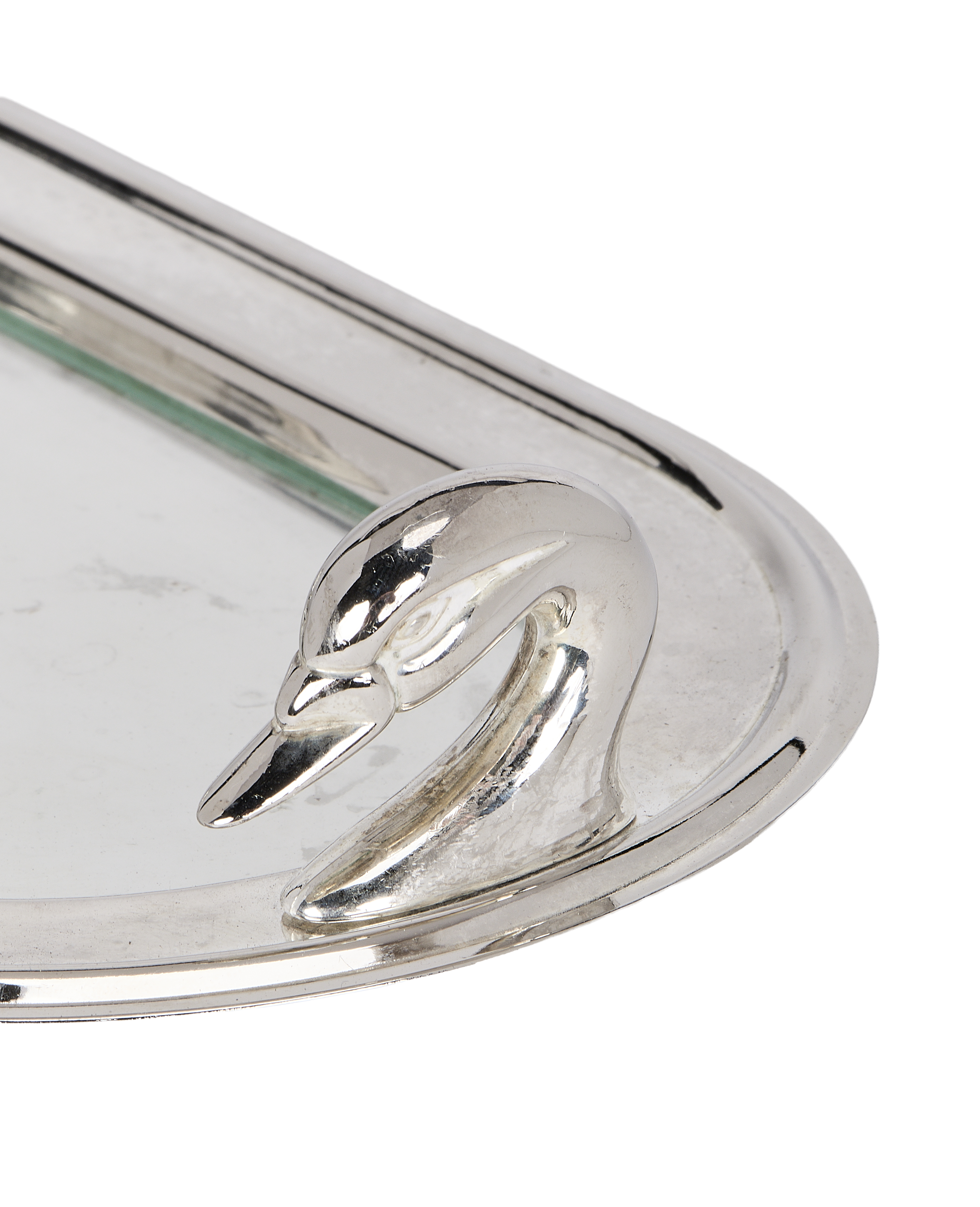 Vintage French swan dish, detailed close-up of the silver metal swan head.