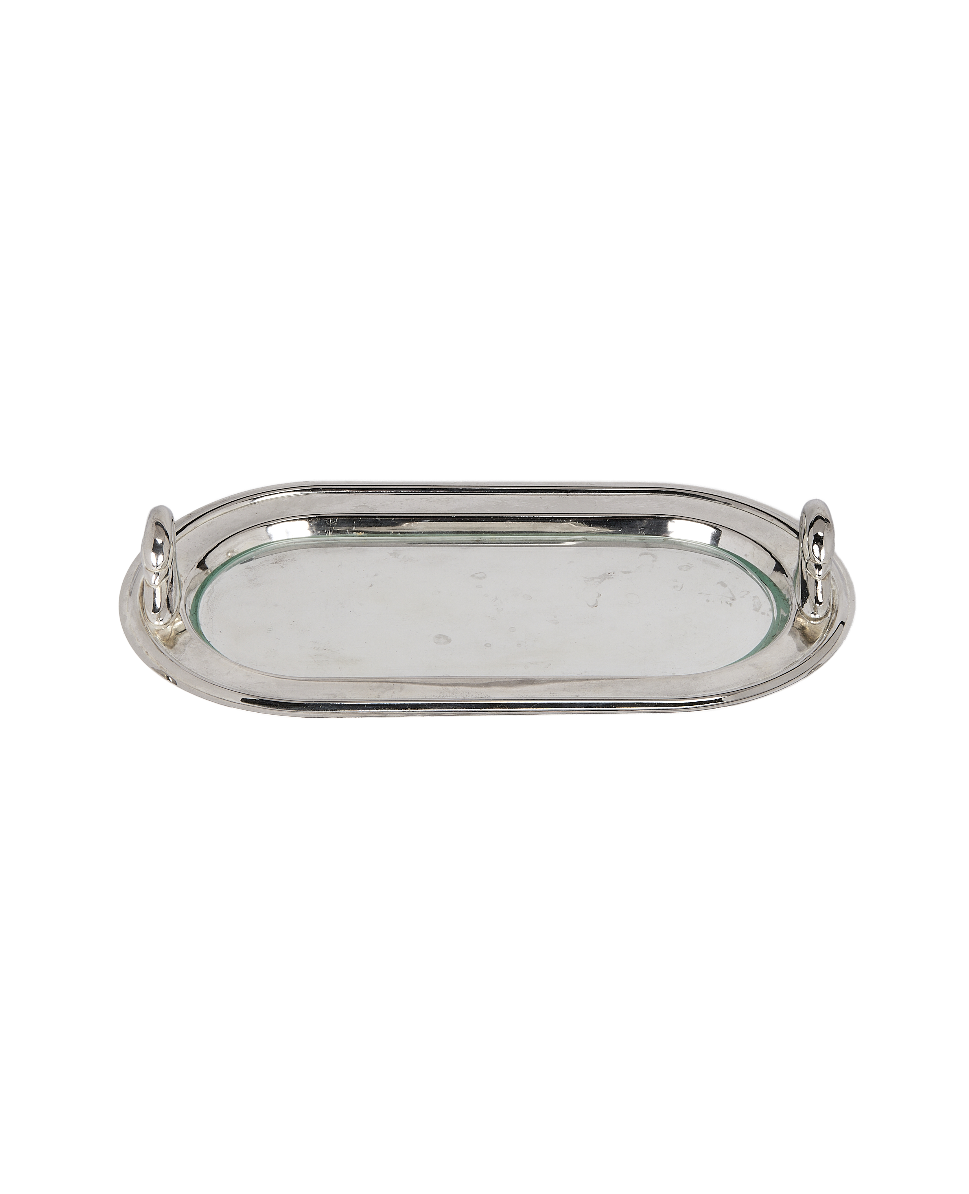 Vintage French silver-plated swan dish with glass insert, shown from a direct overhead view.
