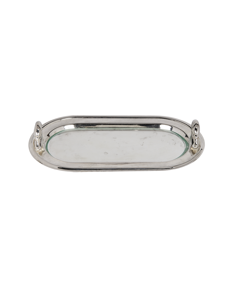 Vintage French silver-plated swan dish with glass insert, shown from a direct overhead view.