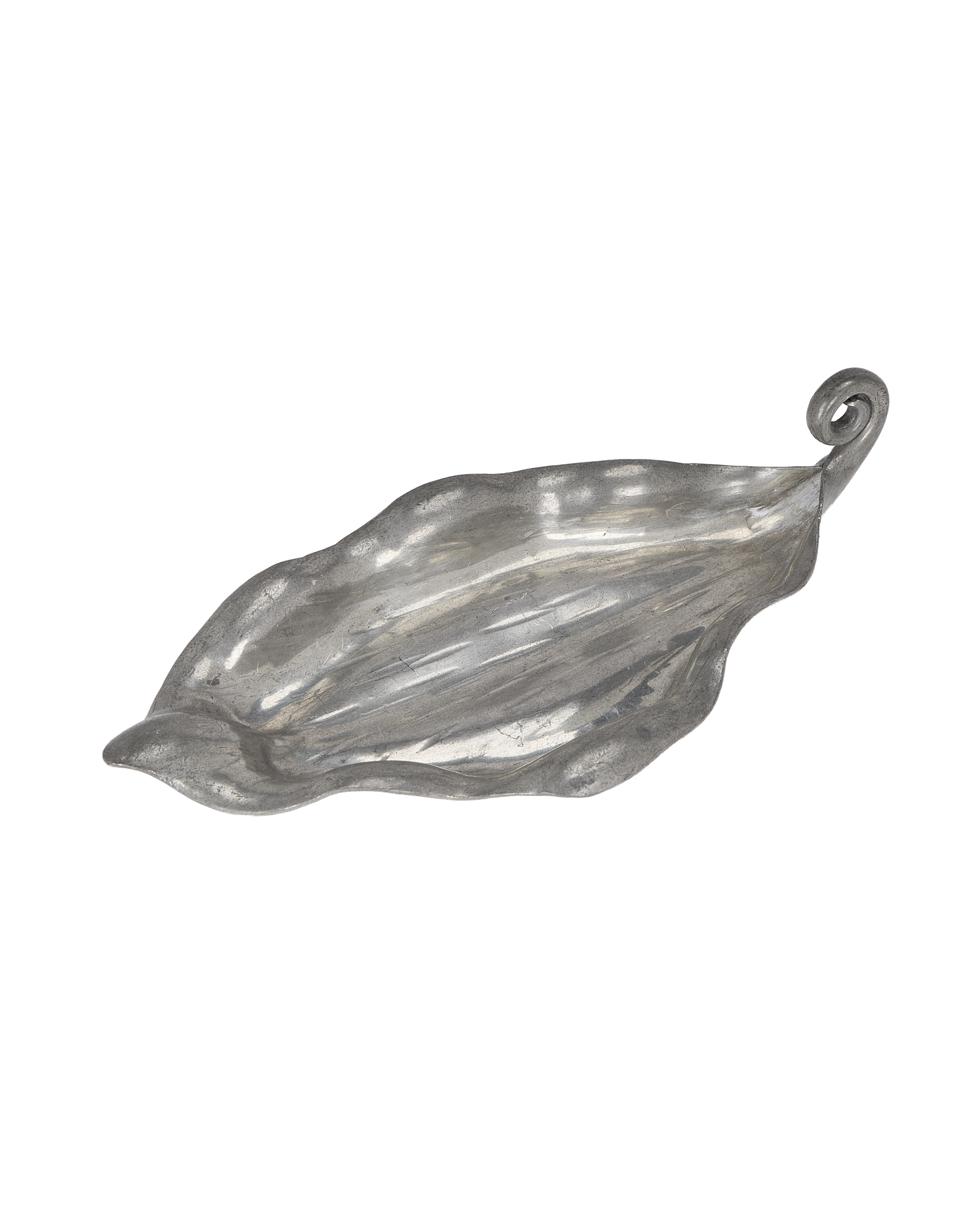 Vintage French pewter leaf-shaped vide poche, featuring a curled stem detail and aged finish.