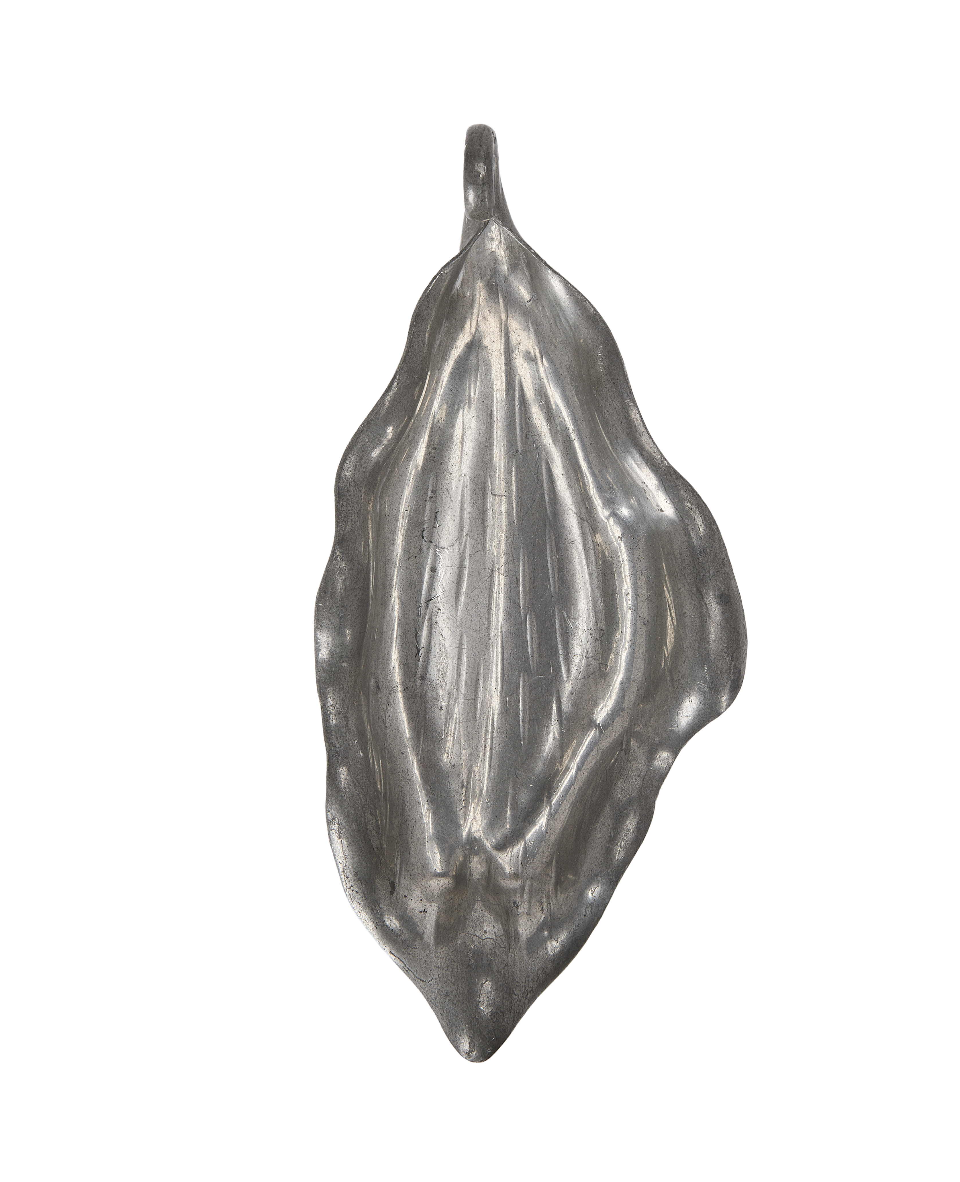 Vintage French pewter vide poche, top-down view highlighting oak leaf texture.