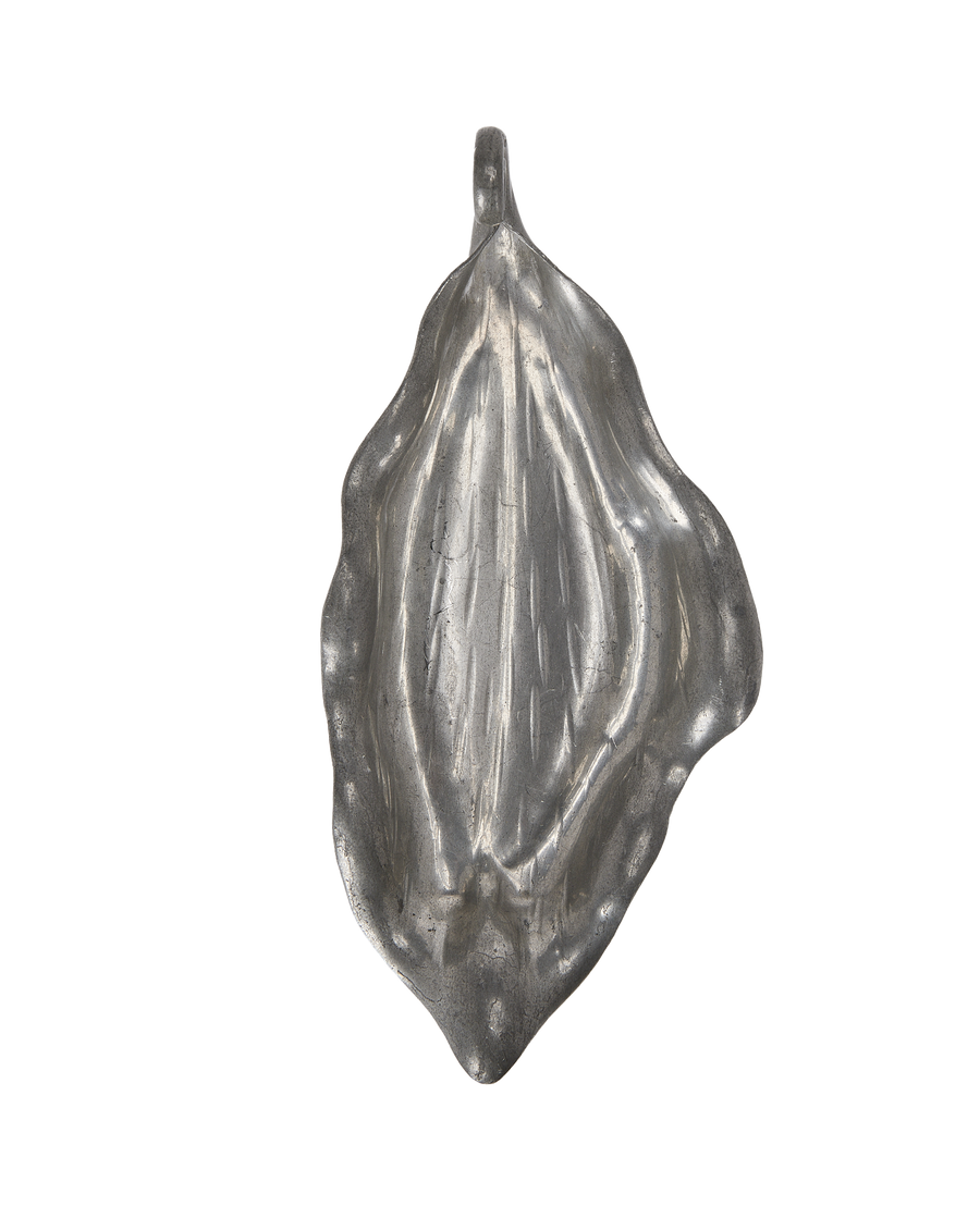 Vintage French pewter vide poche, top-down view highlighting oak leaf texture.