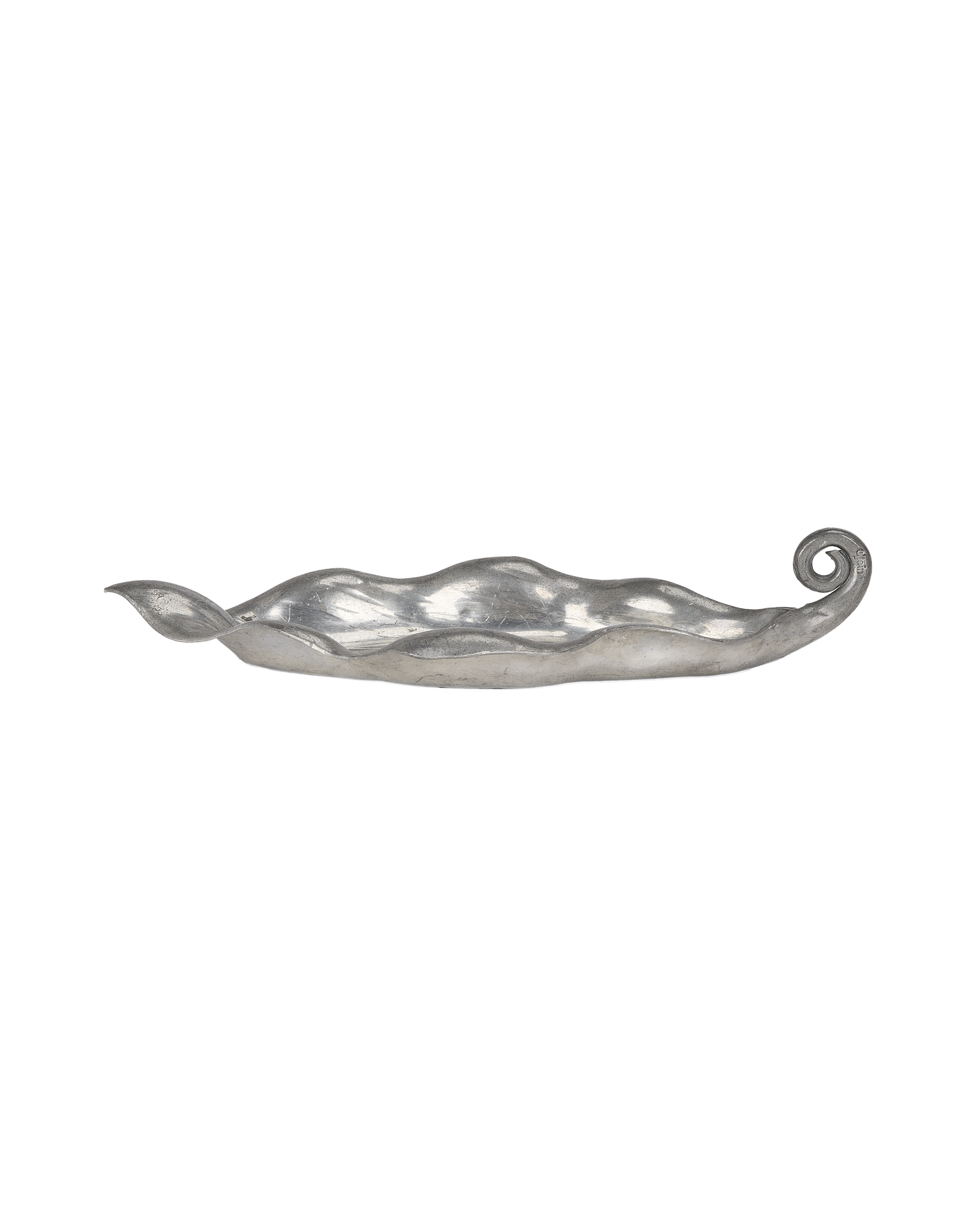 Vintage French pewter vide poche, elegant leaf design, featuring the distinctive coiled end with artisan mark.