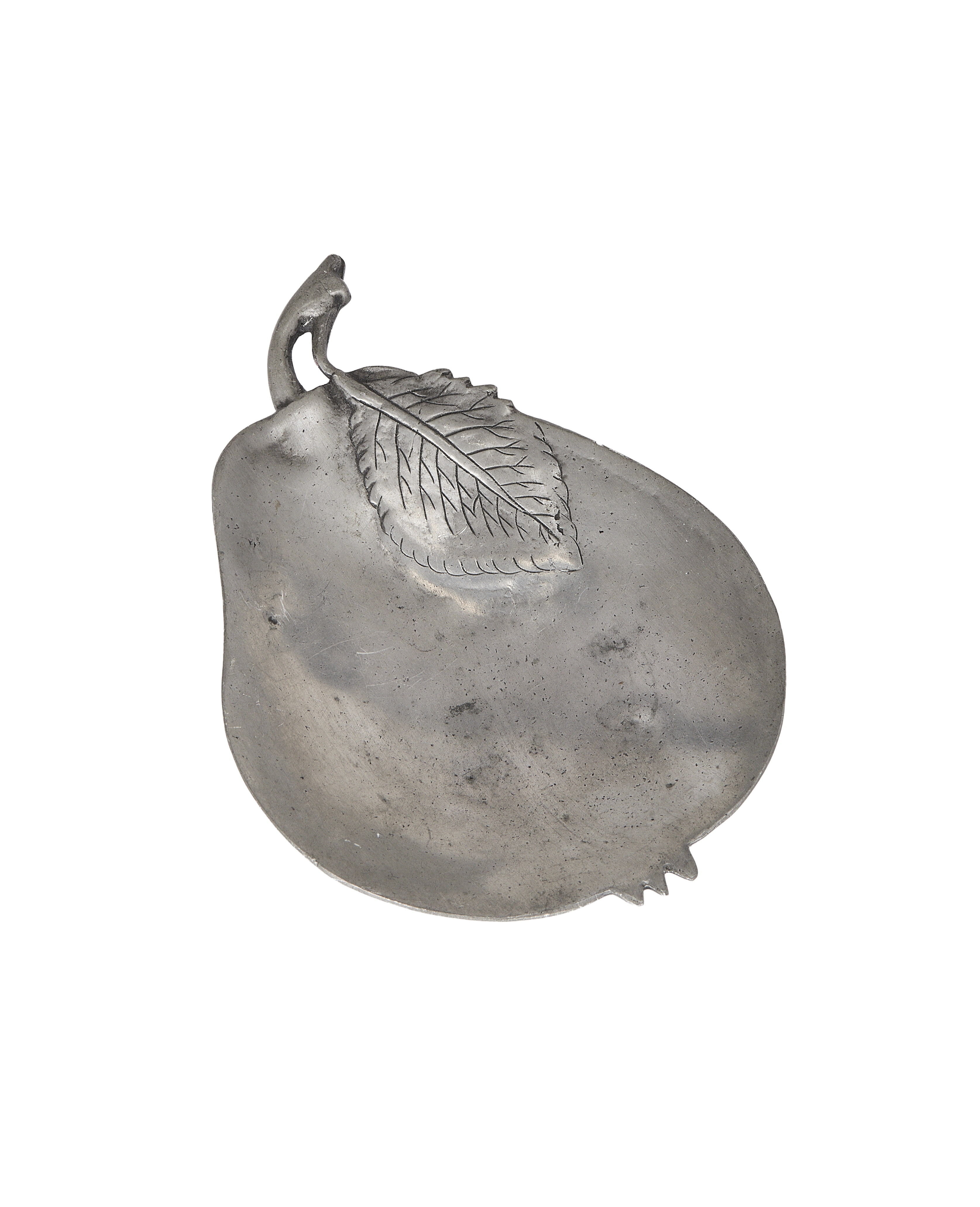 Vintage French pear-shaped pewter vide poche, intricately detailed with stem and leaf.