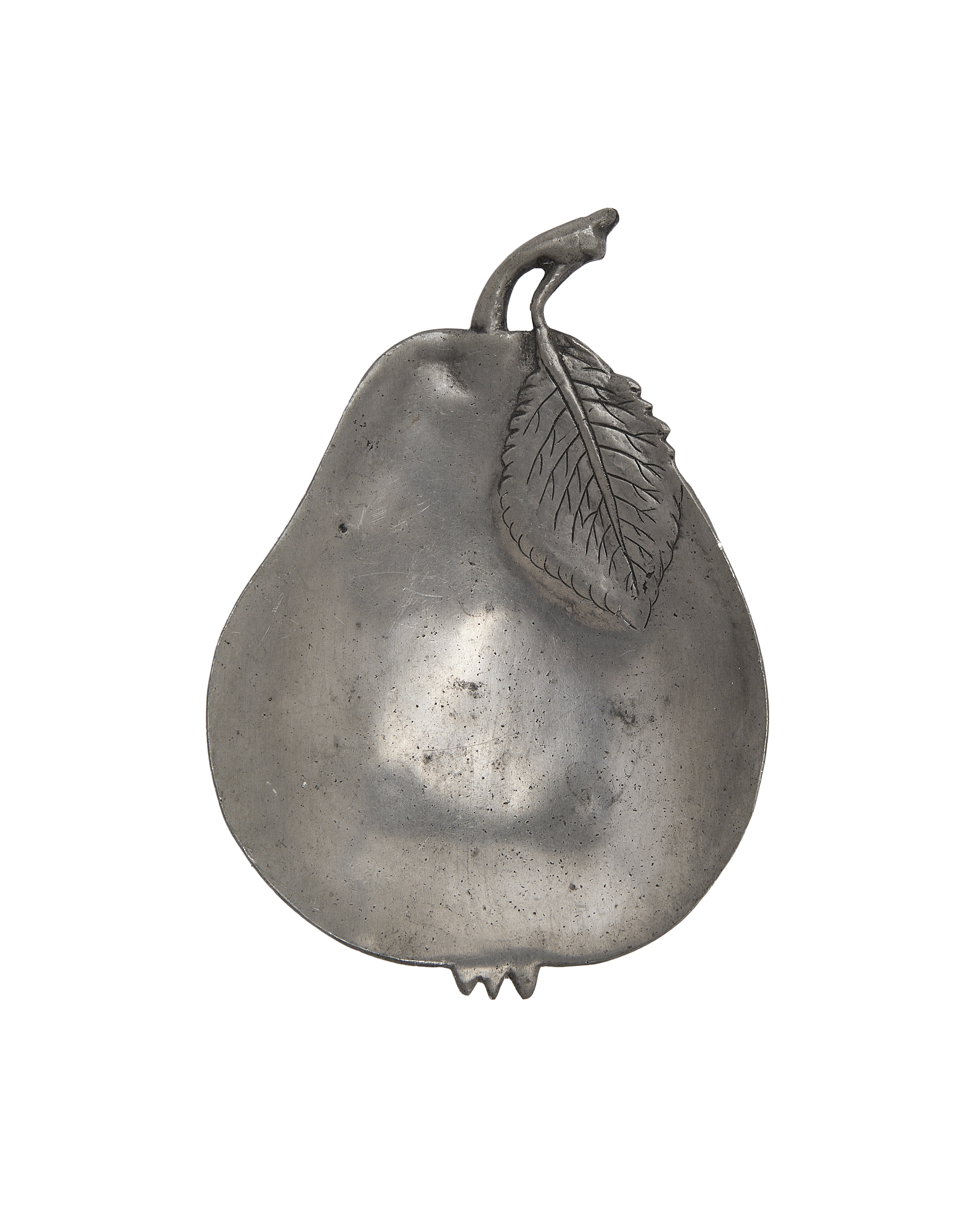 Vintage French pewter vide poche, pear shape with detailed leaf and stem.