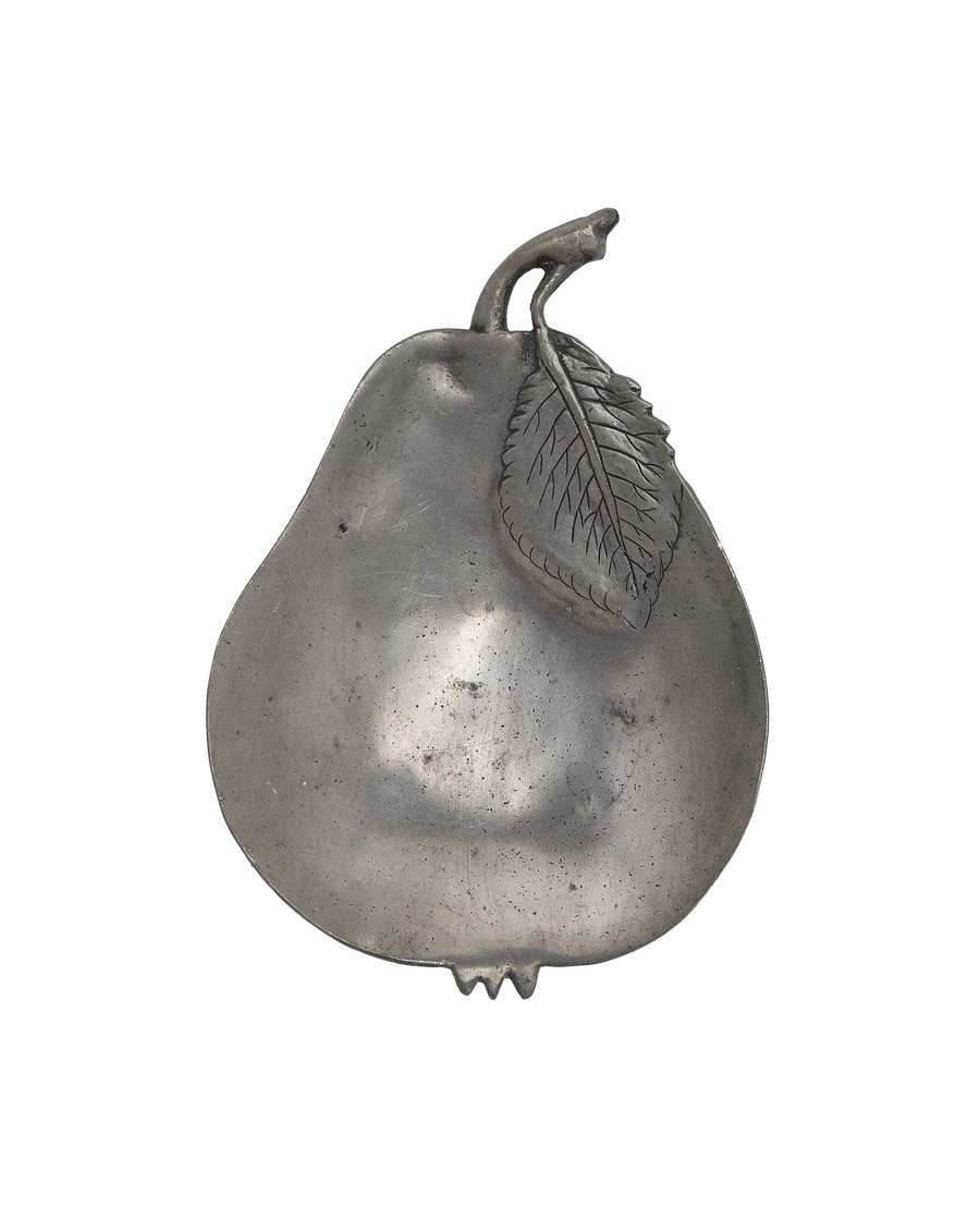 Vintage French pewter vide poche, pear shape with detailed leaf and stem.
