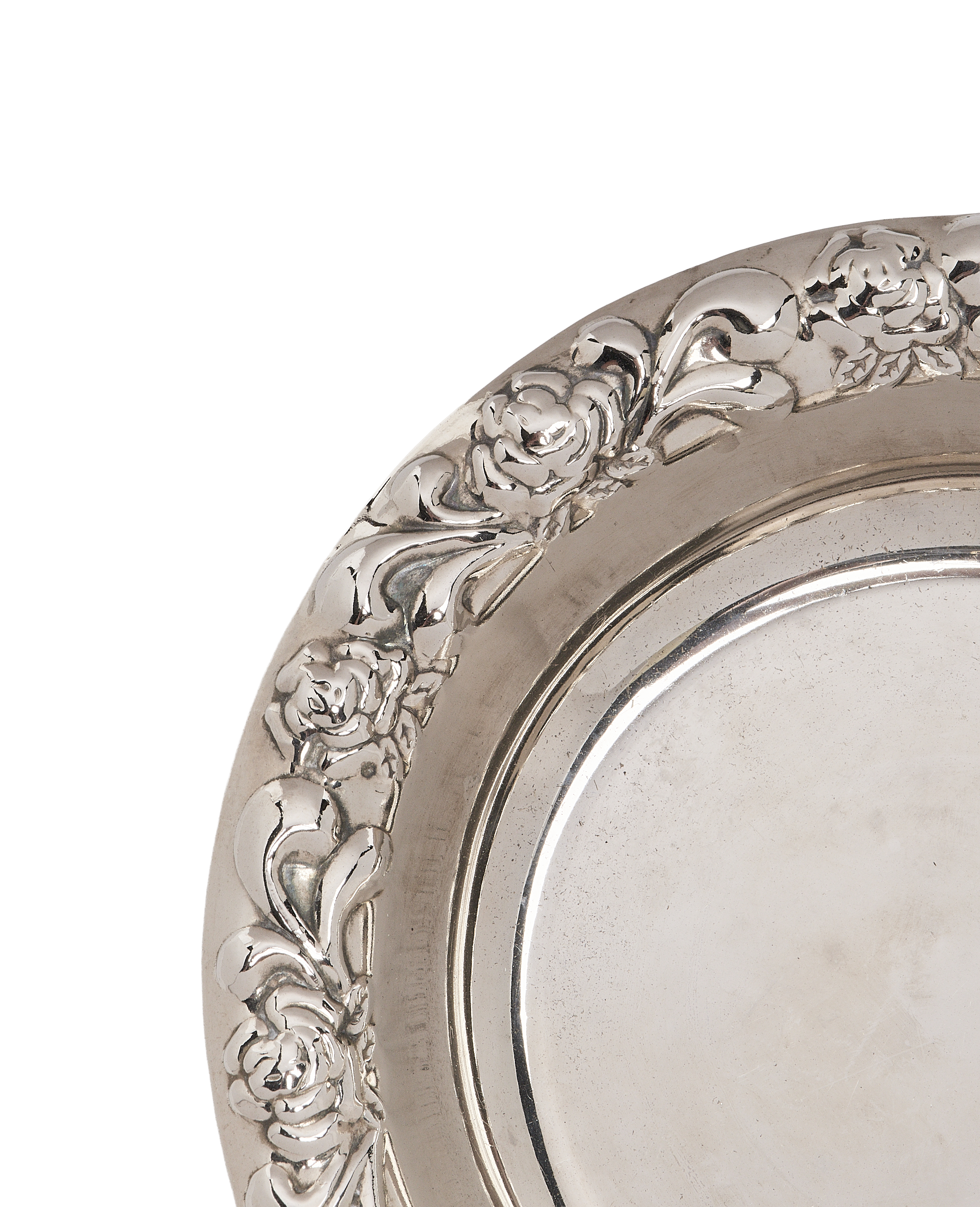 Vintage French silver-plated Vide Poche, showing close-up decorative floral rosette border detail.