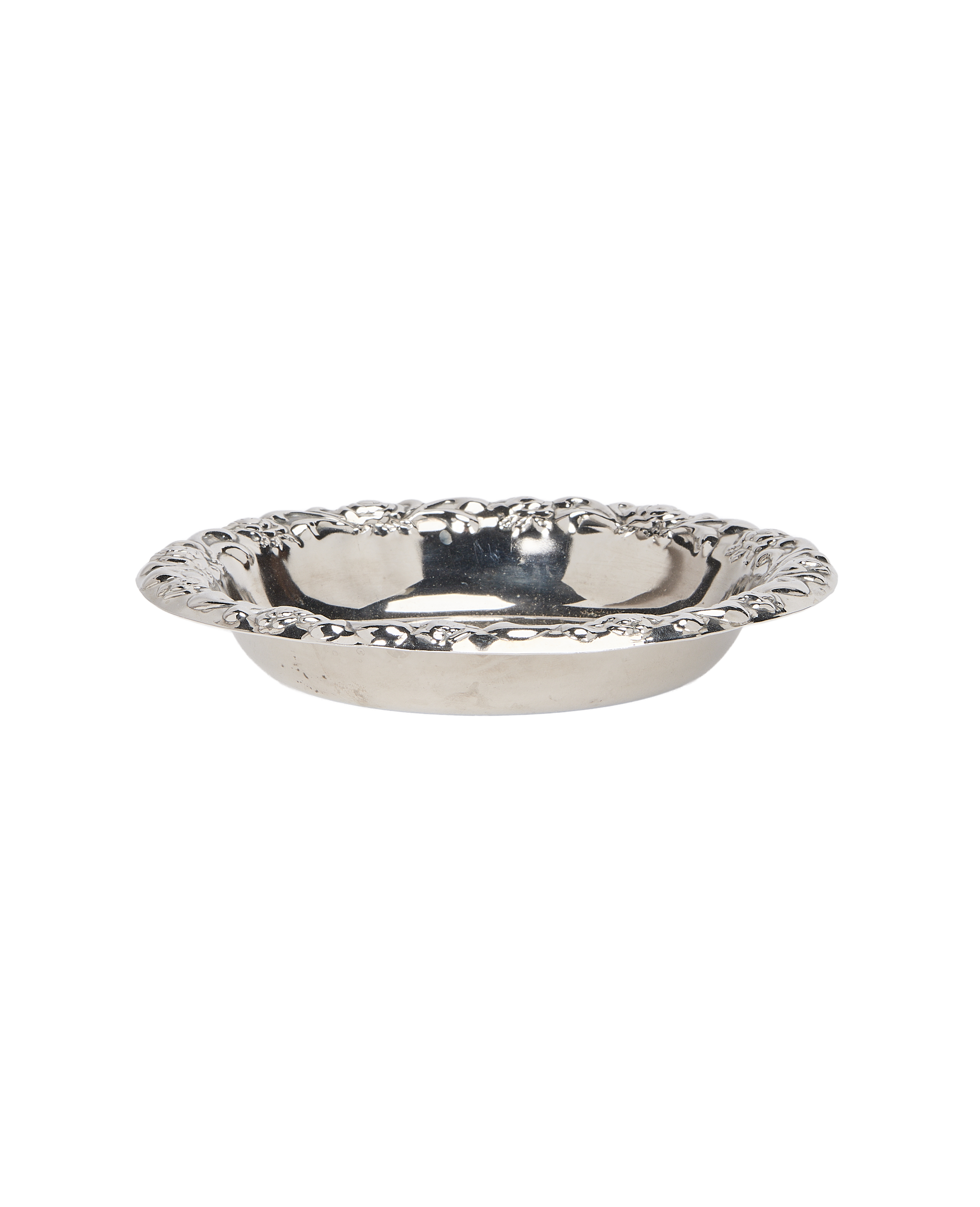 Vintage French silver plated vide poche, ornate scalloped rim, visible dish interior.