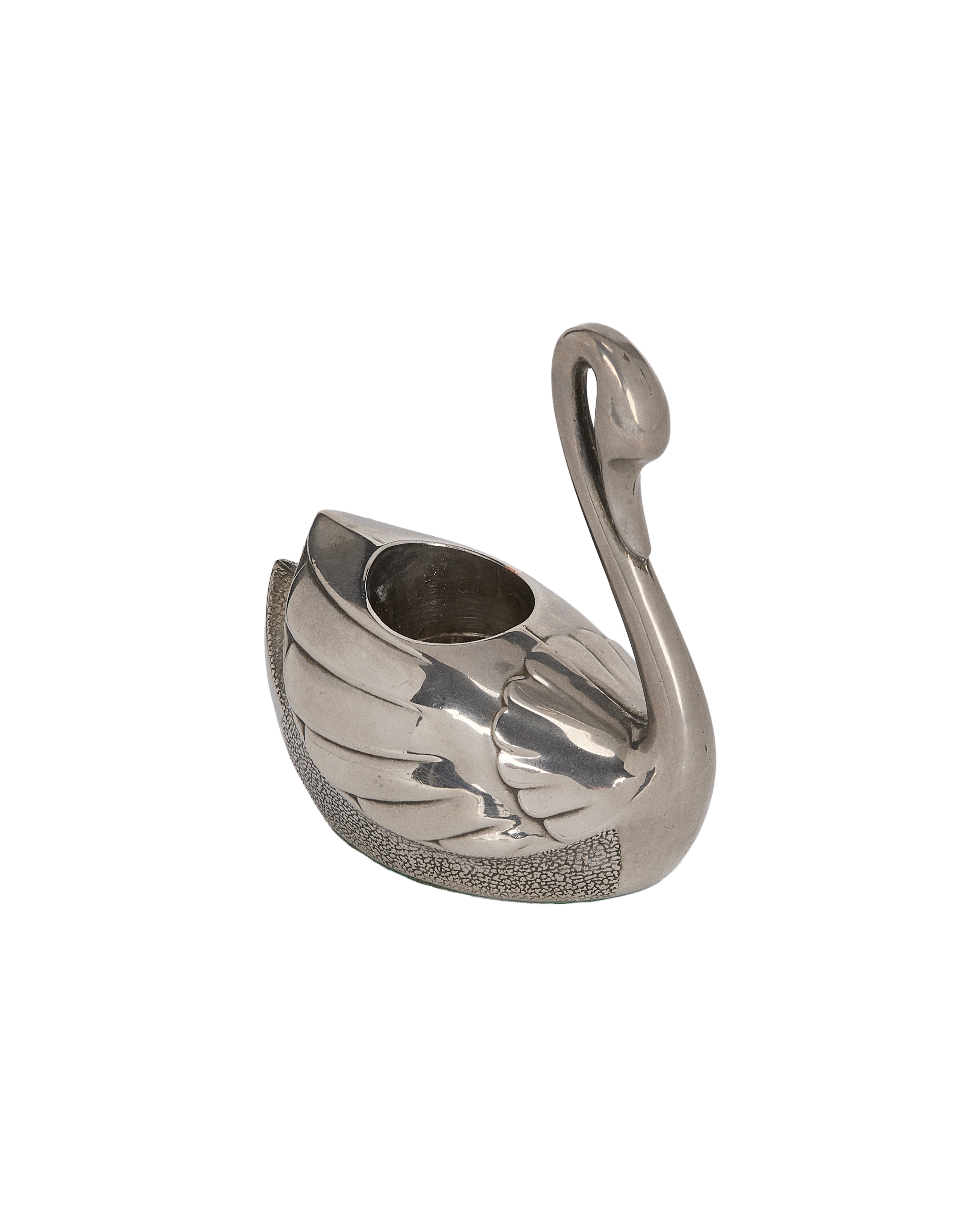 Vintage French silver swan candle holder with textured body and smooth polished wings.