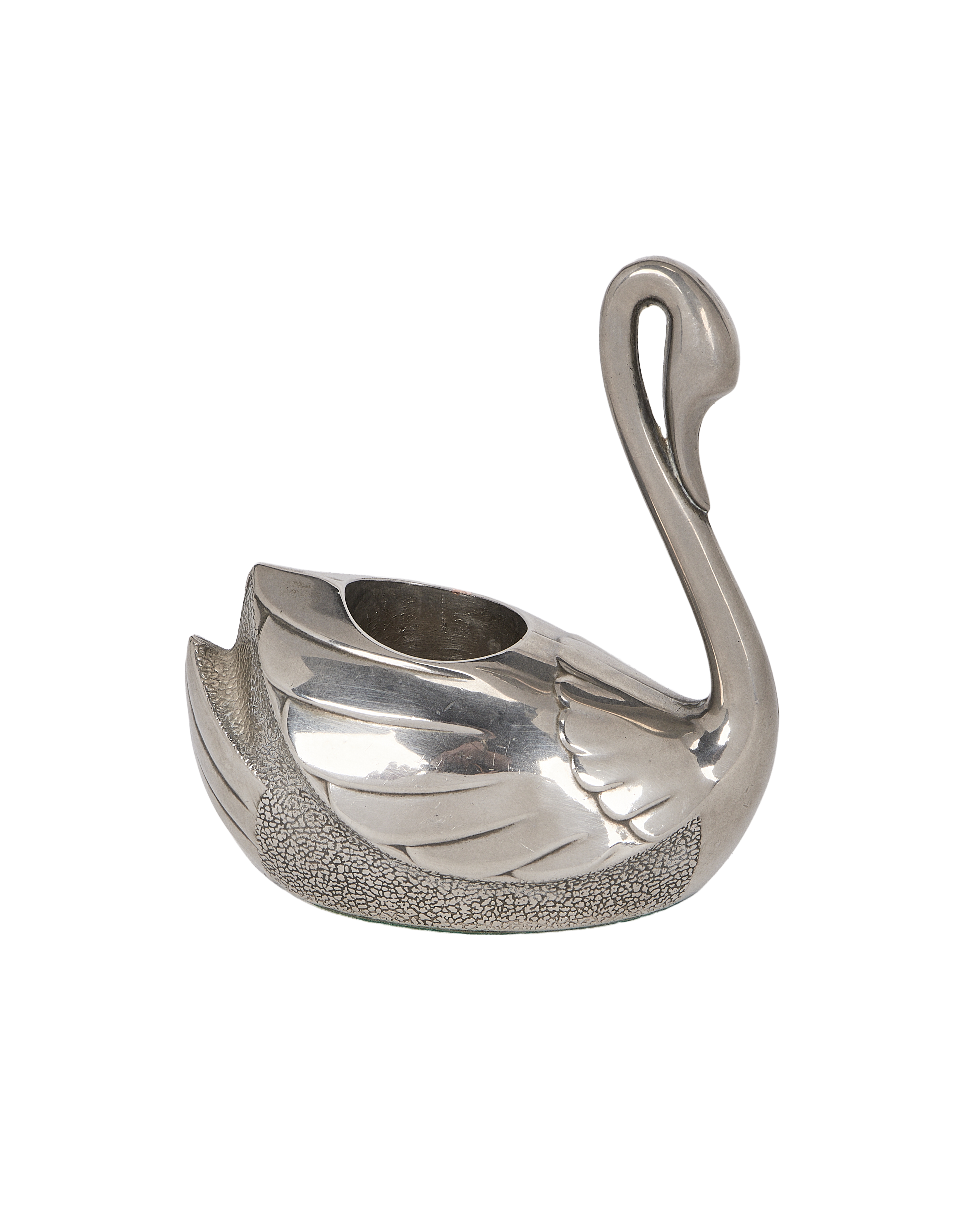 Vintage French swan candle holder, polished silver, featuring textured lower body from a side view.