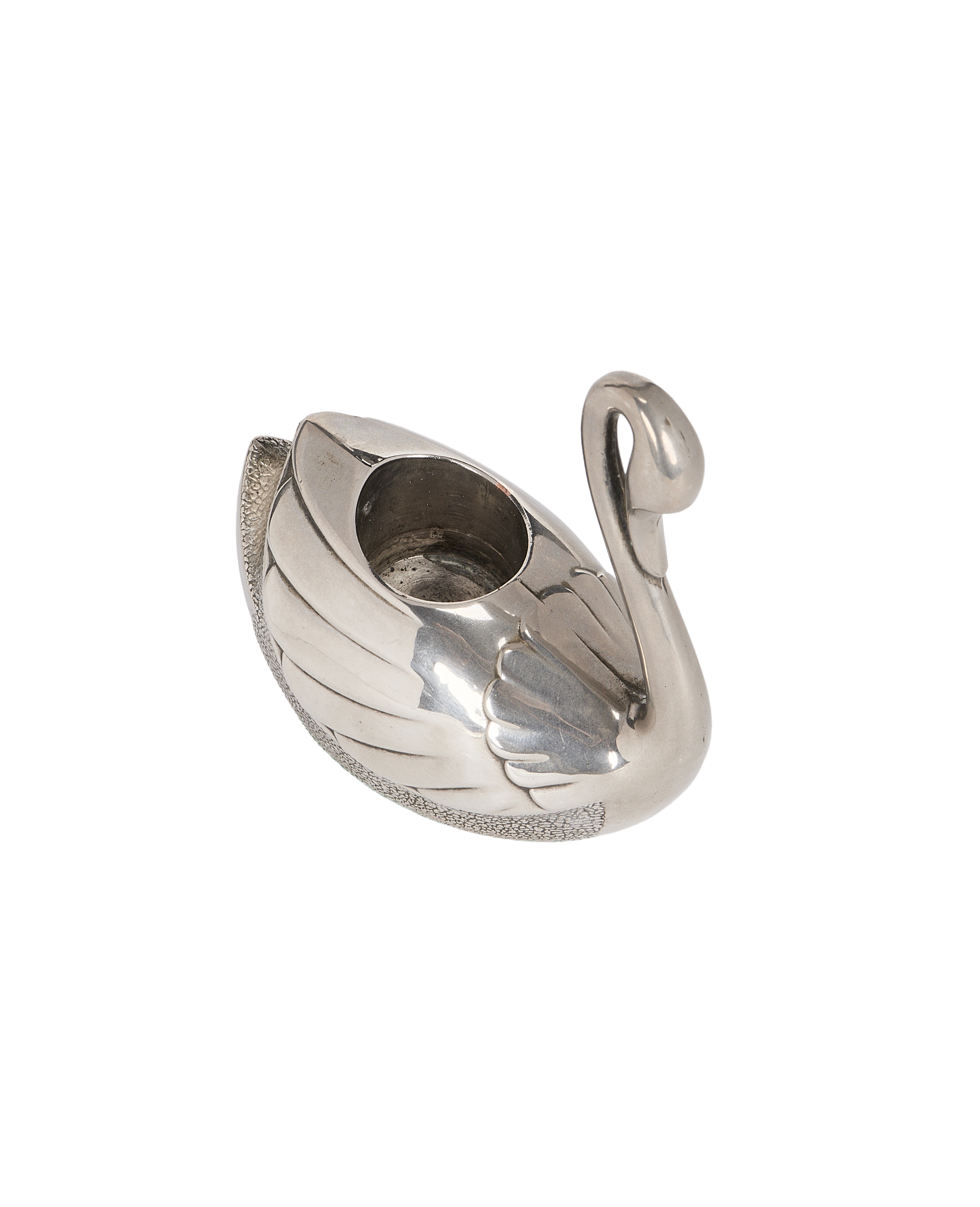 Vintage French swan candle holder, silver metal, showing candle well and detailed feathered body.