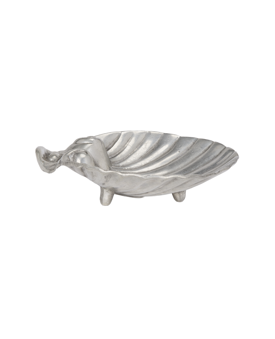 Vintage French pewter shell vide poche, angled right, showcasing the three feet.