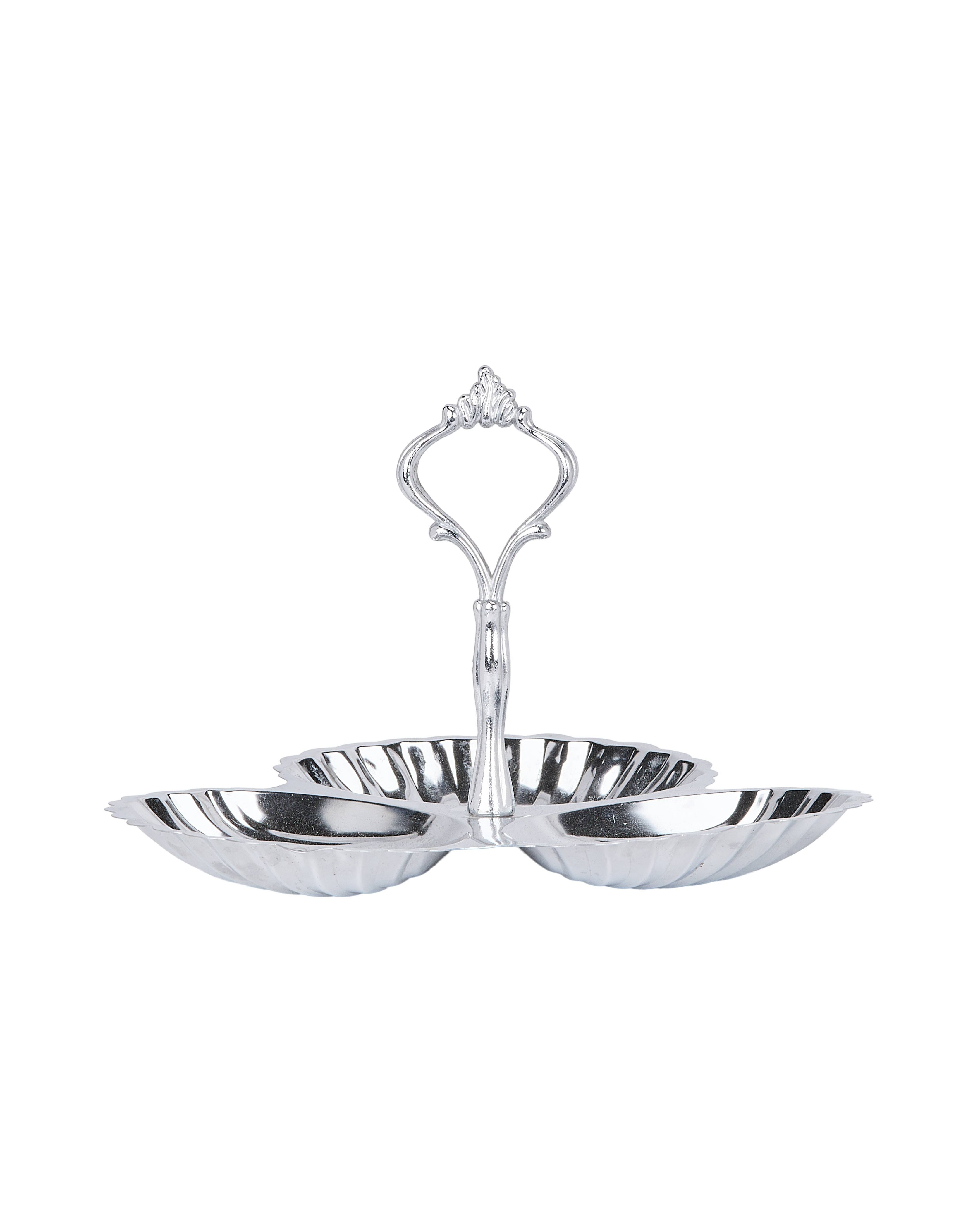 Vintage French OAK triple shell steel tray, ornate handle, silvery finish.