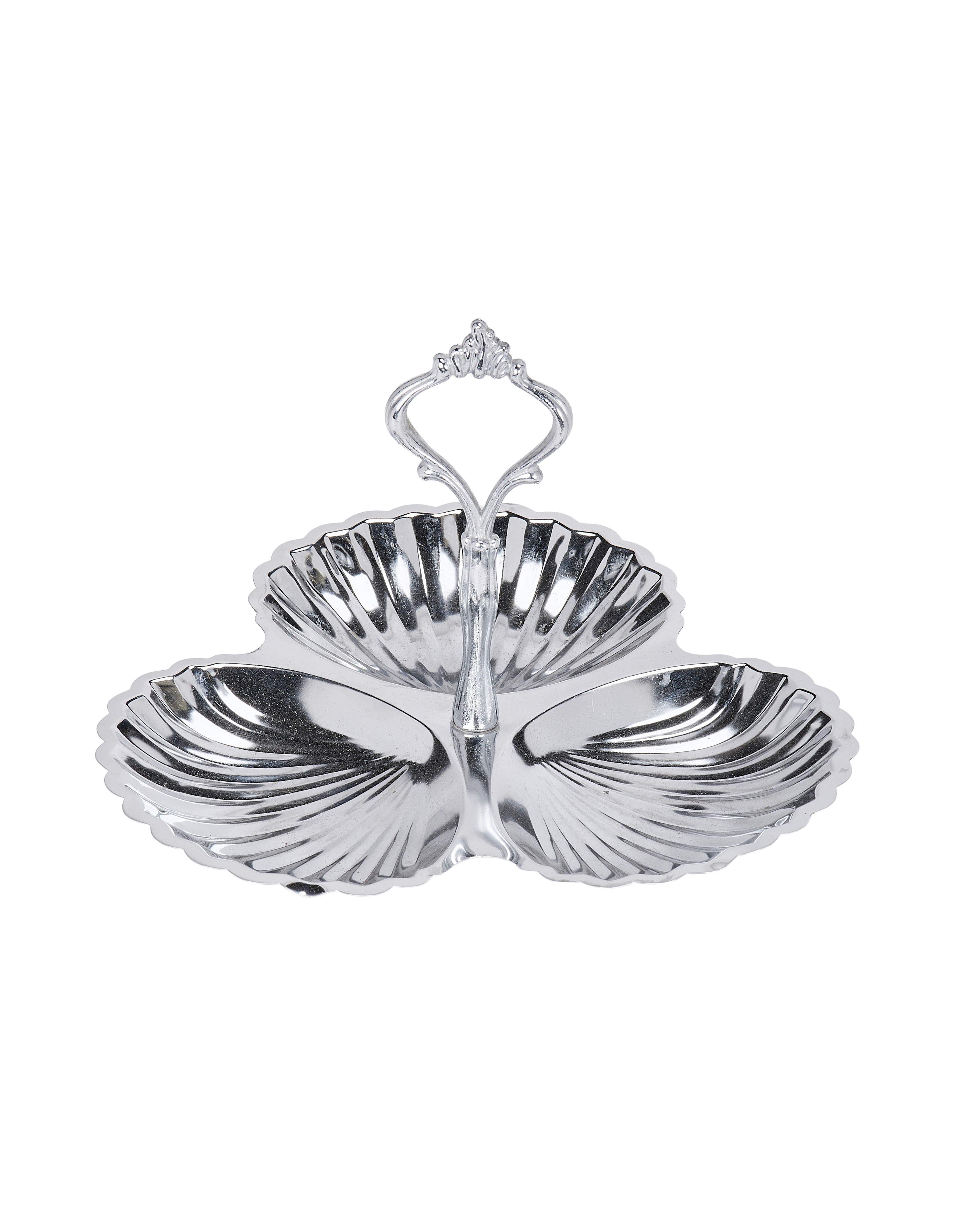Vintage French triple shell steel tray, ornate handle and detailed bowl textures.