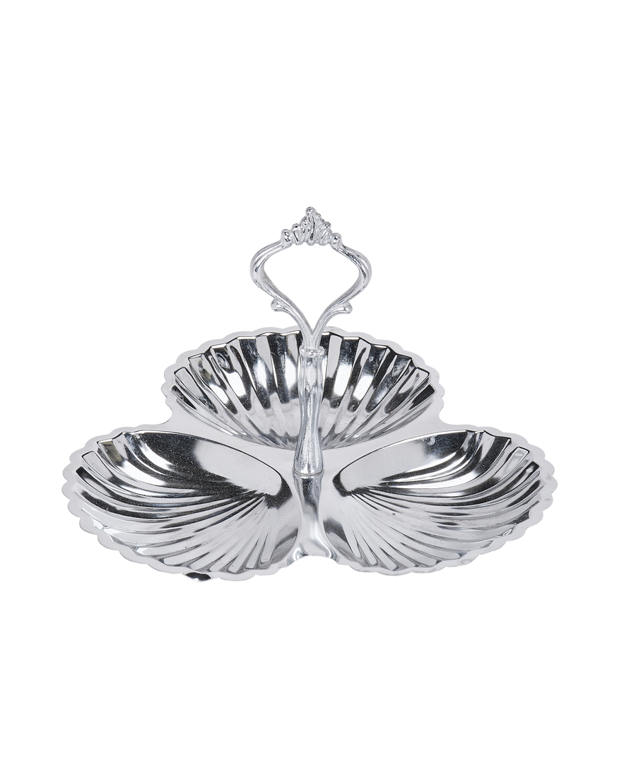 Vintage French triple shell steel tray, ornate handle and detailed bowl textures.