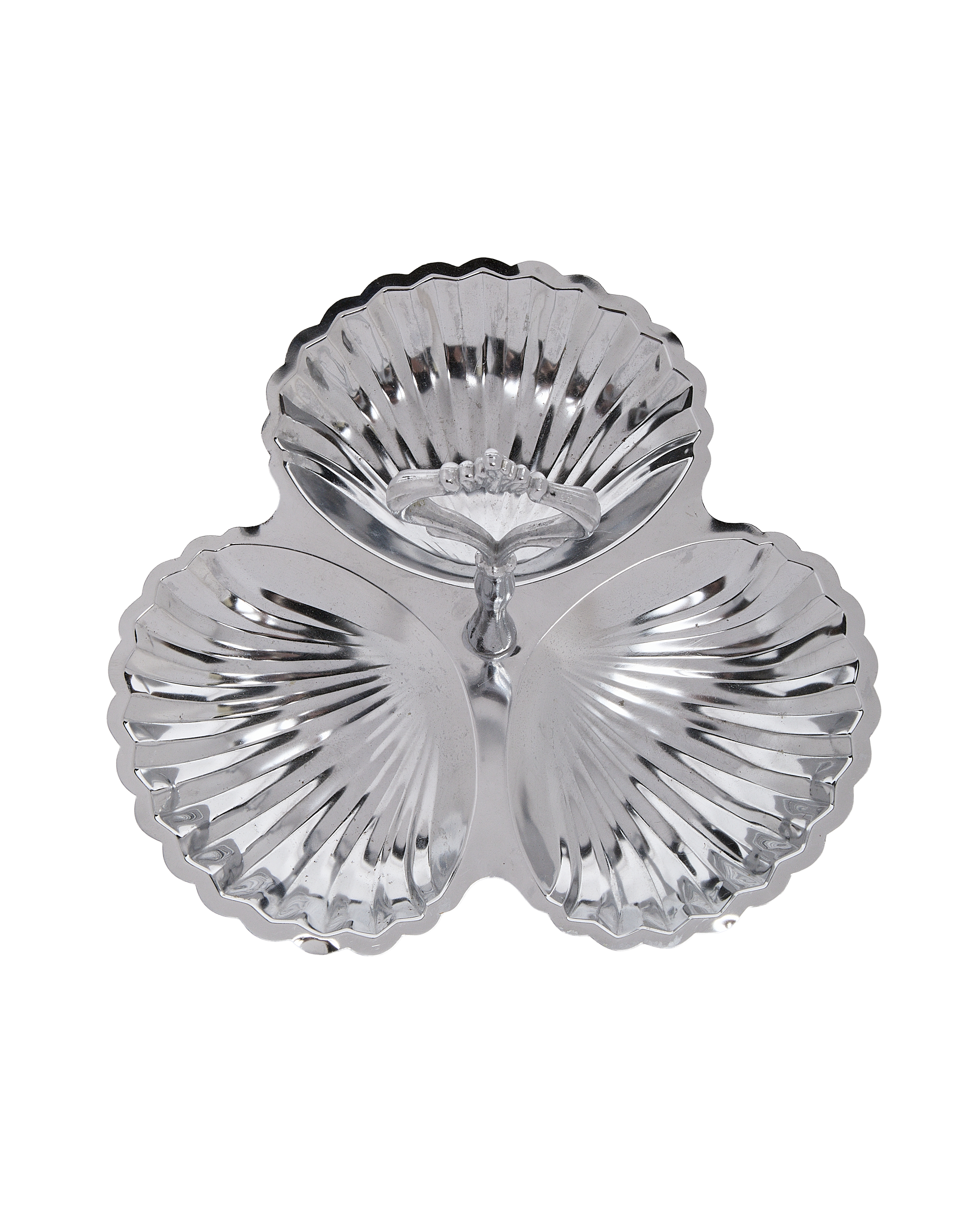 Vintage French triple shell steel tray from above, showing intricate handle design.