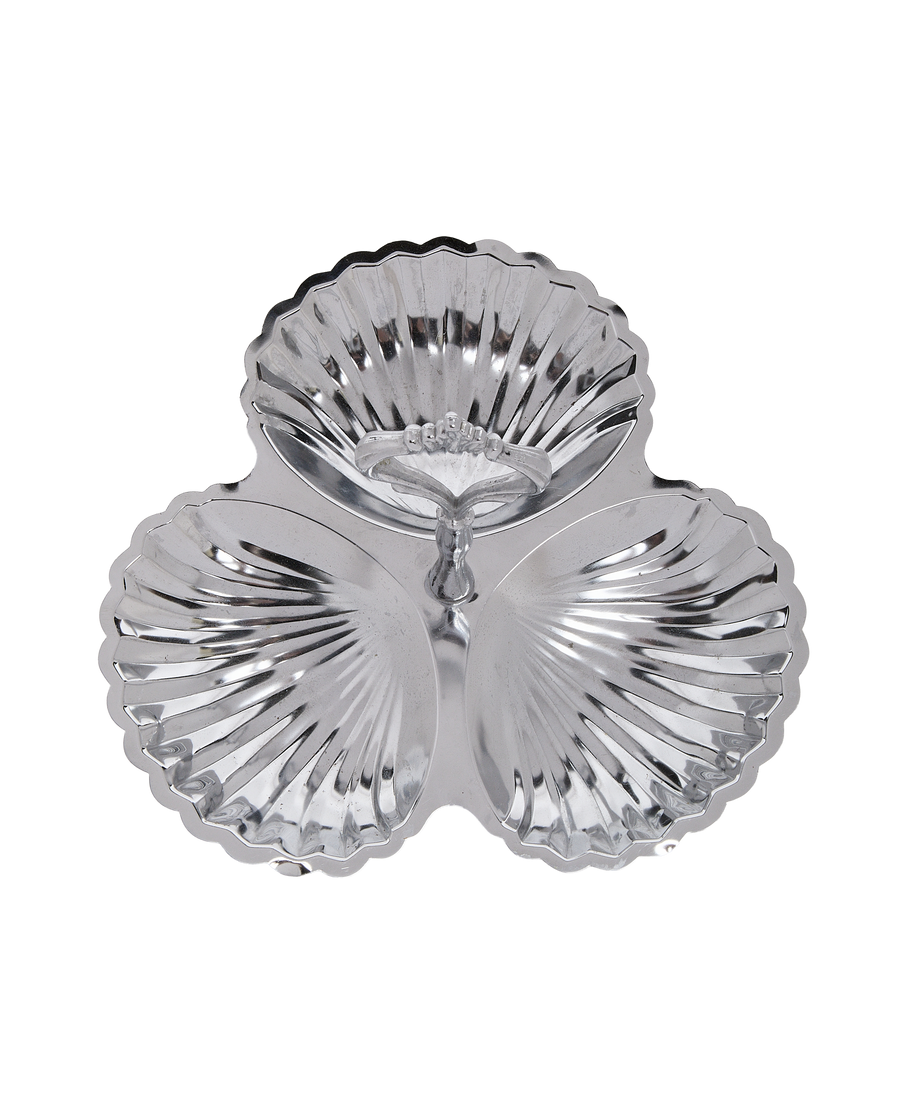 Vintage French triple shell steel tray from above, showing intricate handle design.