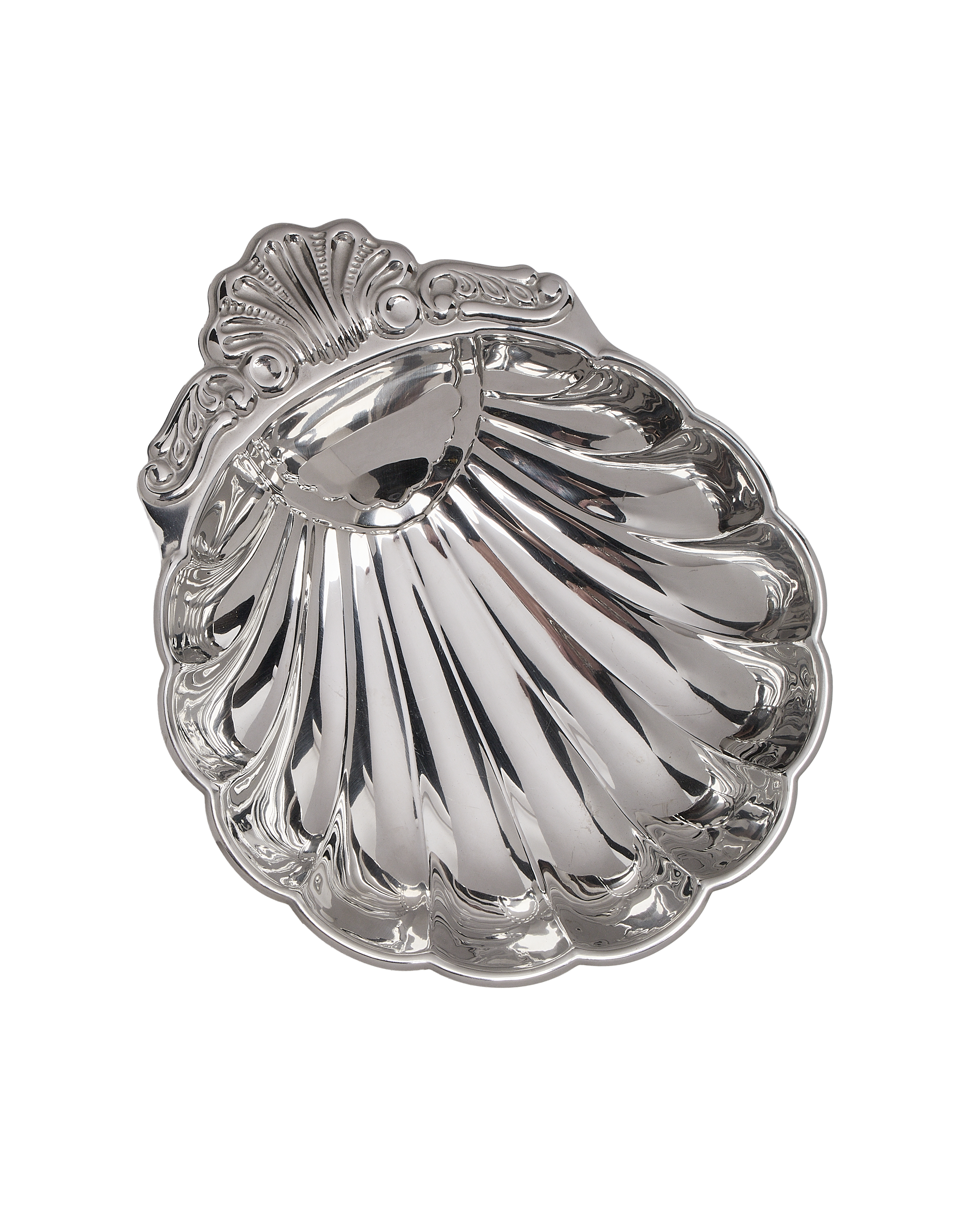 Vintage French OAK silver-plated steel shell dish, ornate relief details, reflective finish.