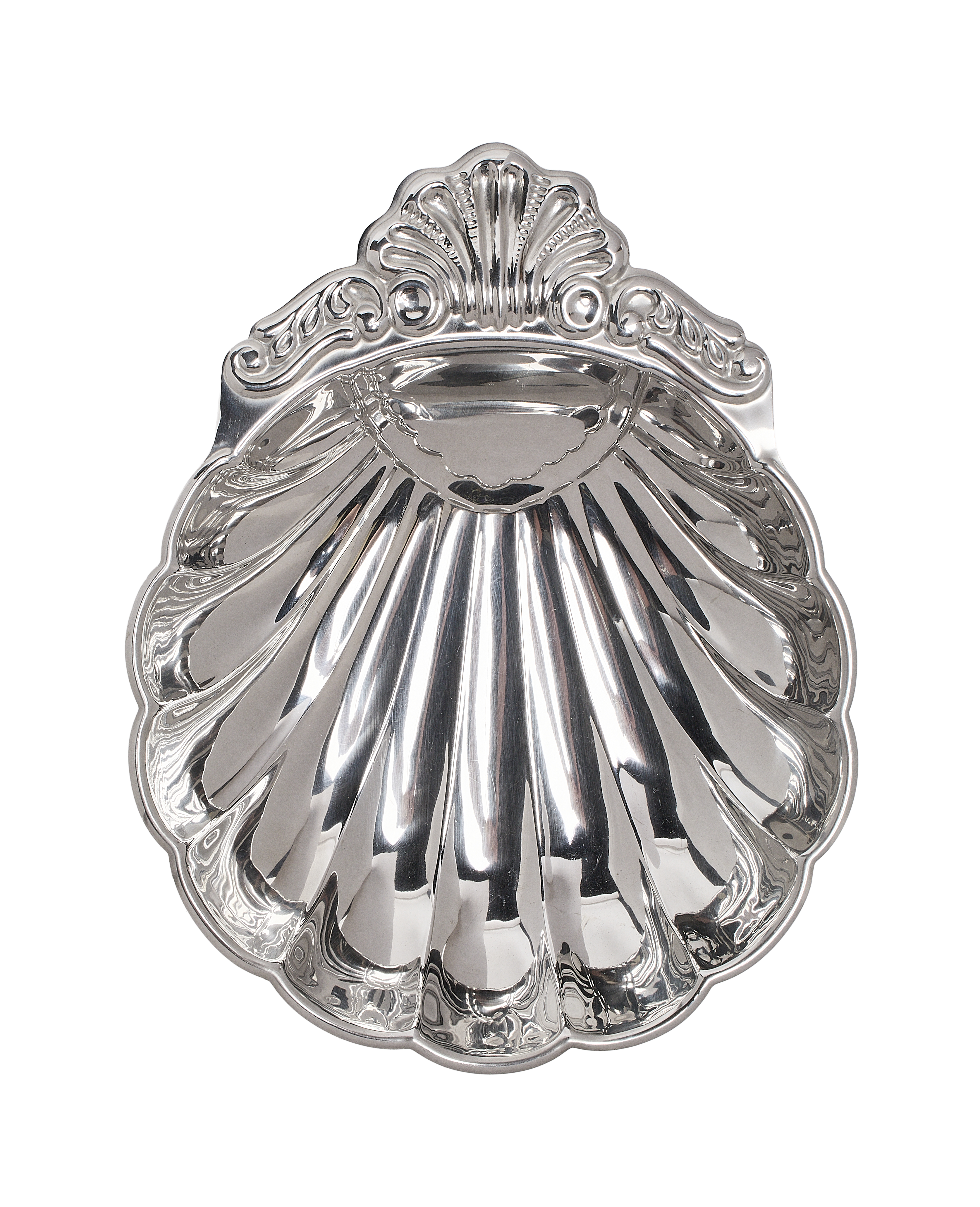 Top-down view of the vintage French OAK shell steel dish, highlighting its detailed relief.